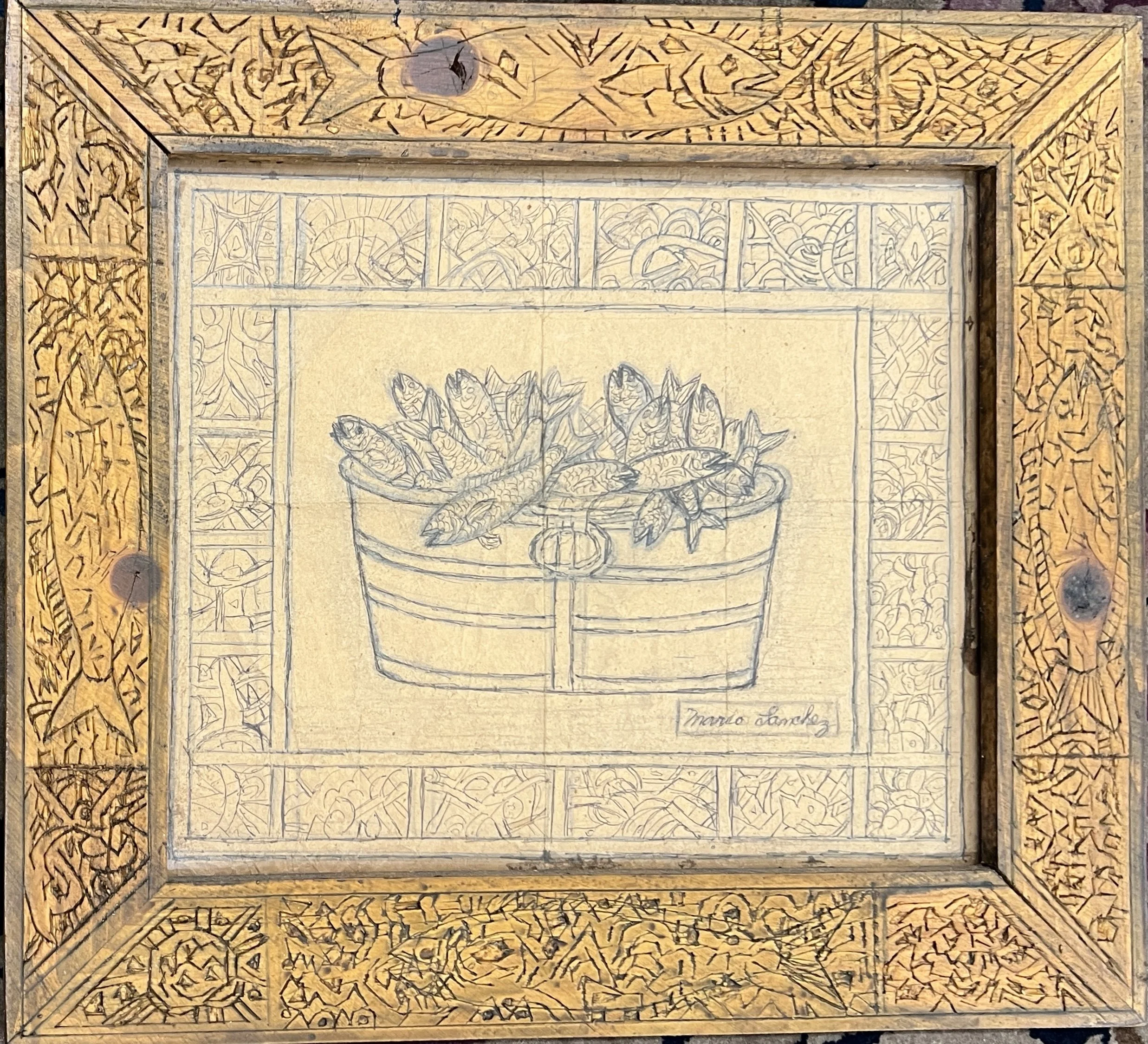 Mario Sanchez, Mario Fish Duo, 12 x 13.5/16.5 x 18.5, Graphite Sketch on Bag, Carved Frame