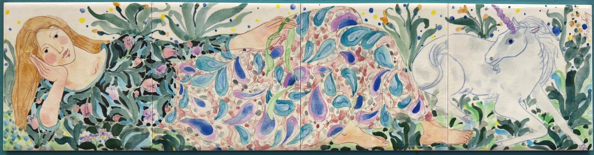 Suzie Zuzek de Poo, Reclining Maiden with Unicorn, 6 x 24, Ceramic Tiles on Panel