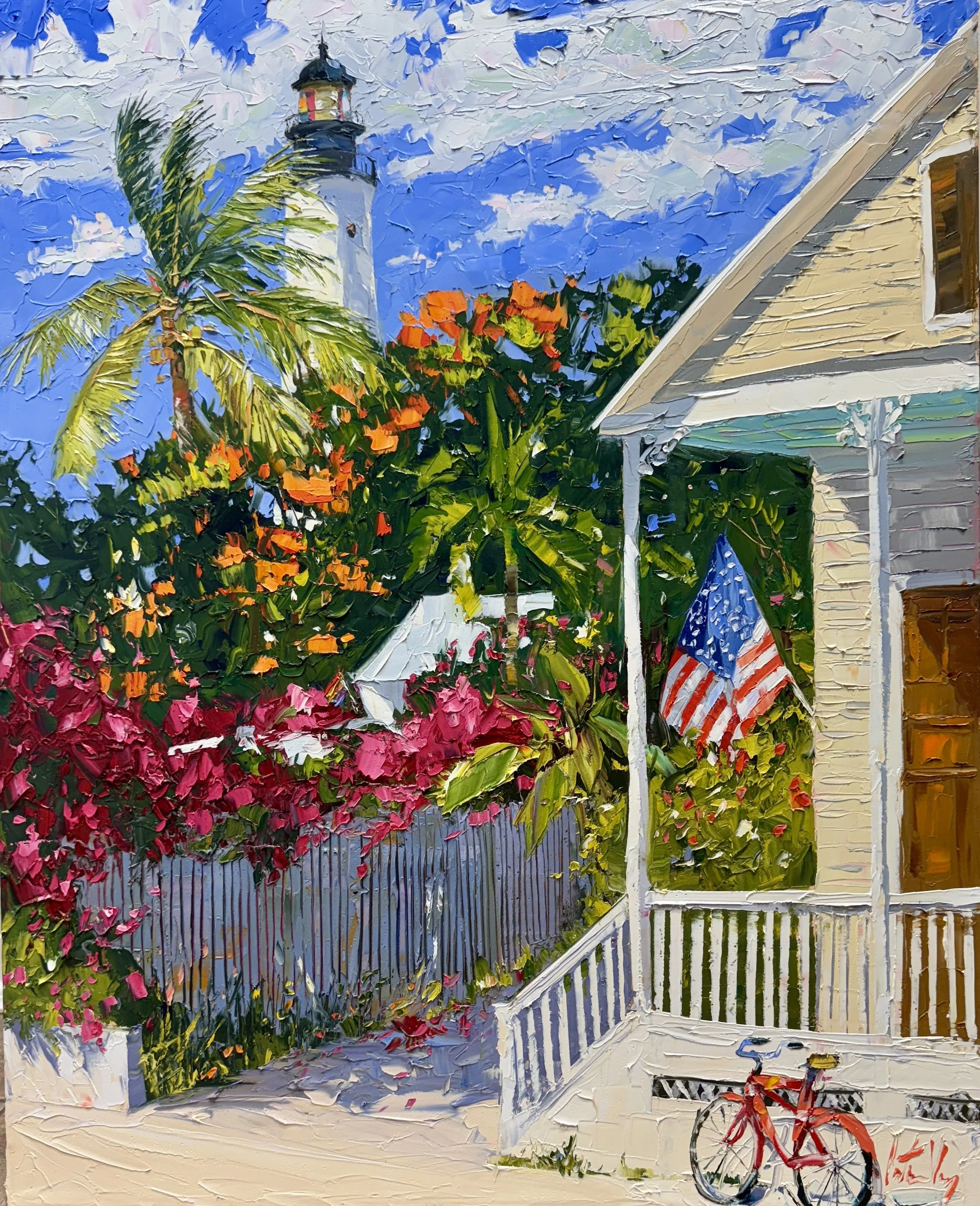 Peter Vey, Lighthouse with Old Glory, 40" x 32", Oil on Linen