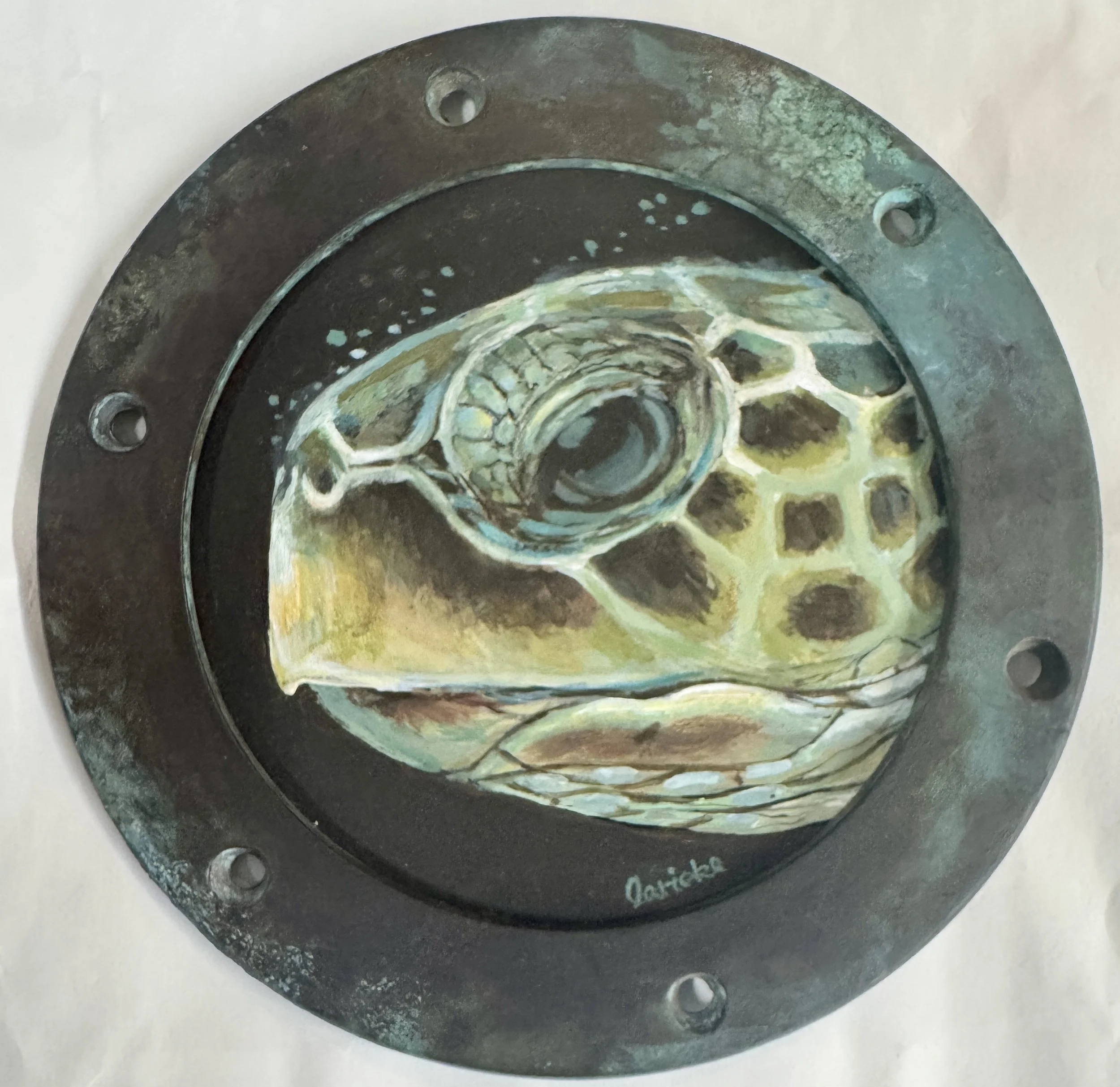 Linda Rieke, Turtle Head in Porthole, 7" x 7", Oil on Board
