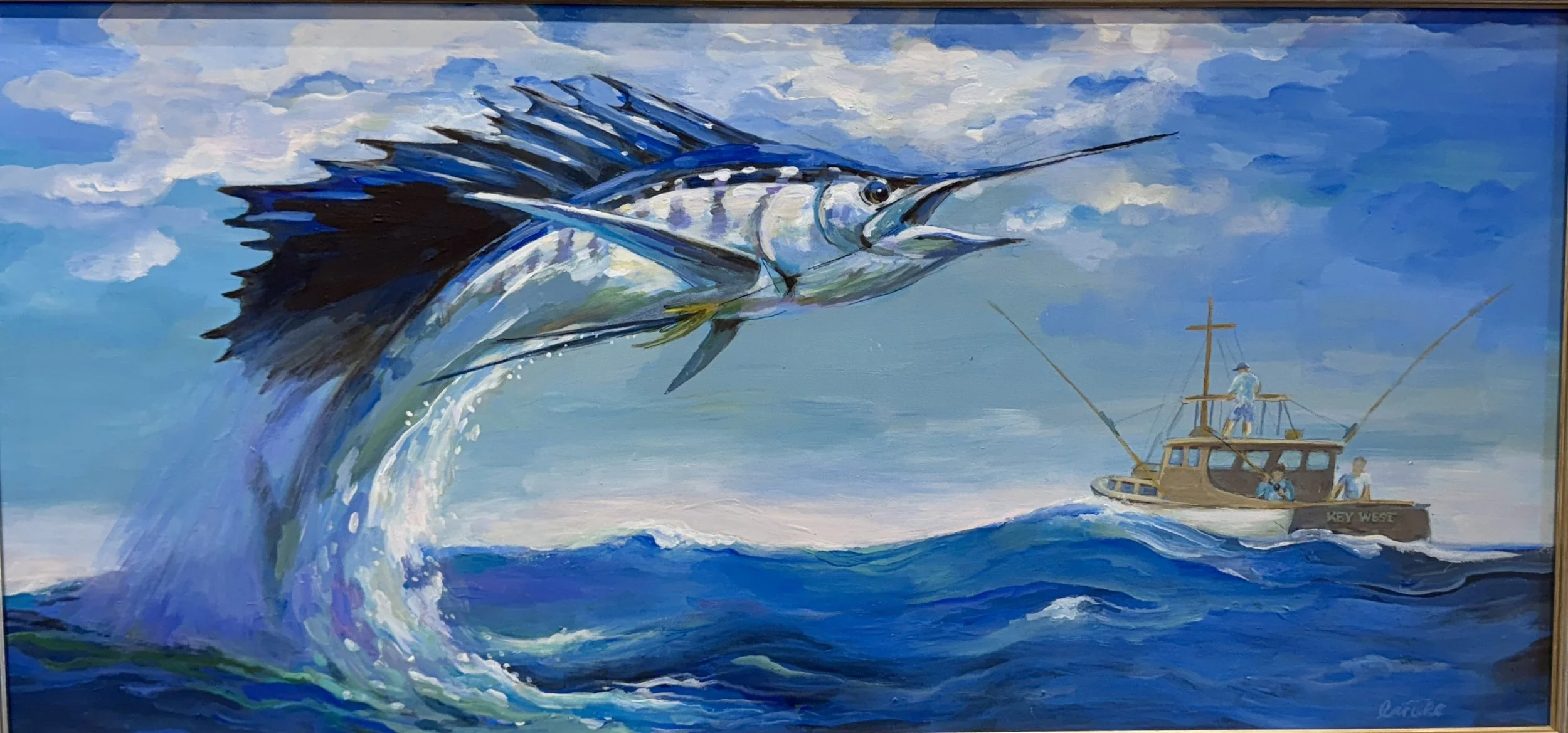 Linda Rieke, Key West Fishing, 15" x 30", Oil on Board