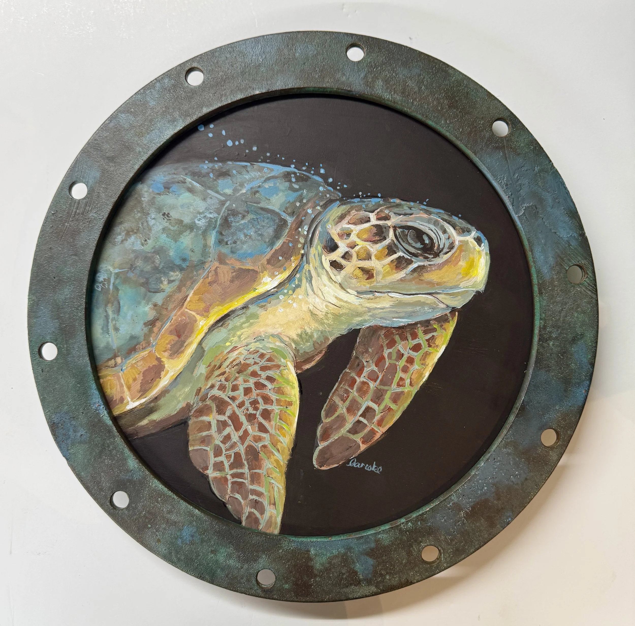 Linda Rieke, Turtle in Porthole, Oil on Board,  15"x15"