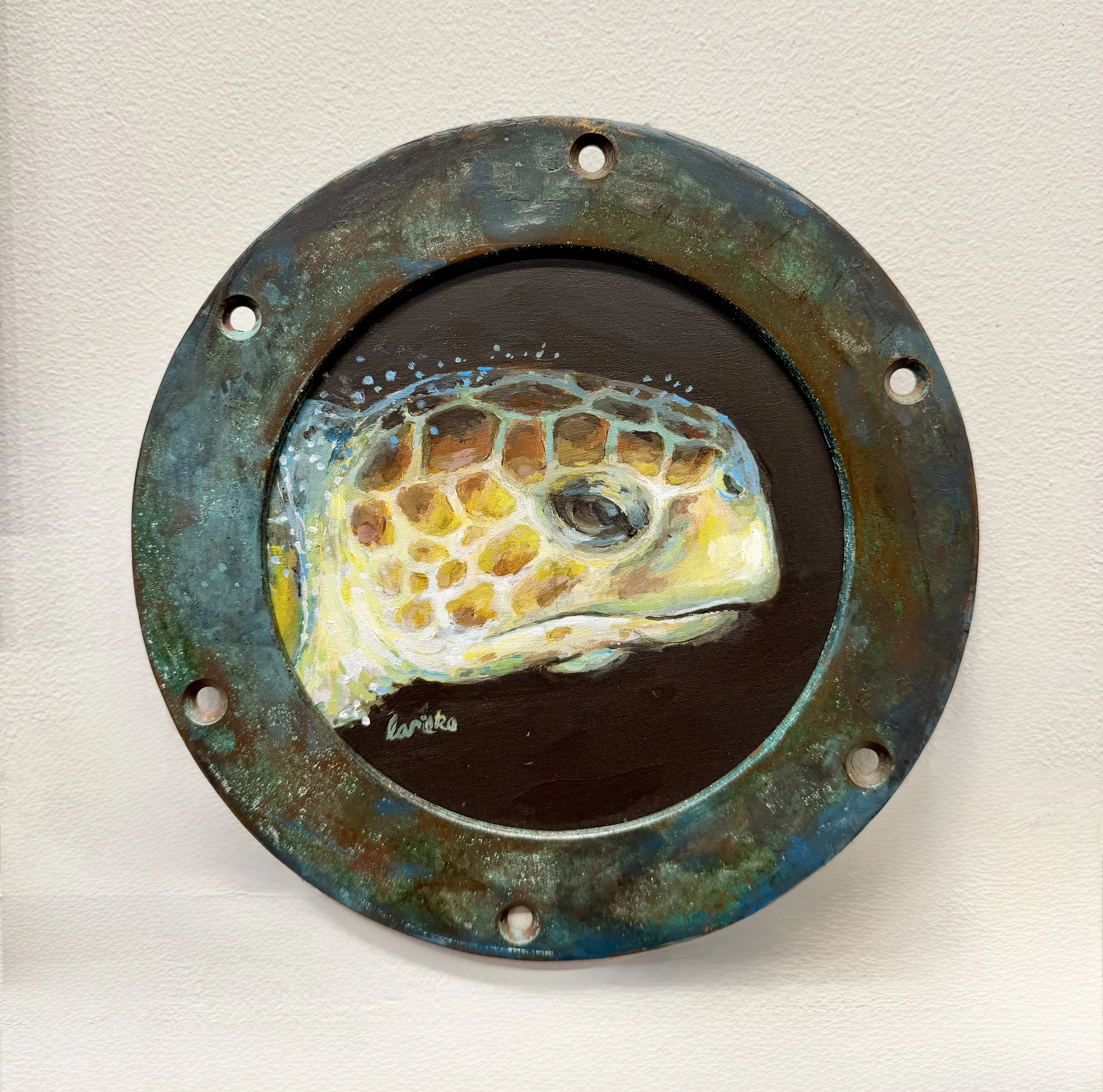 Linda Rieke, Turtle in Porthole Too, Oil on Board, 8.5" x 8.5"