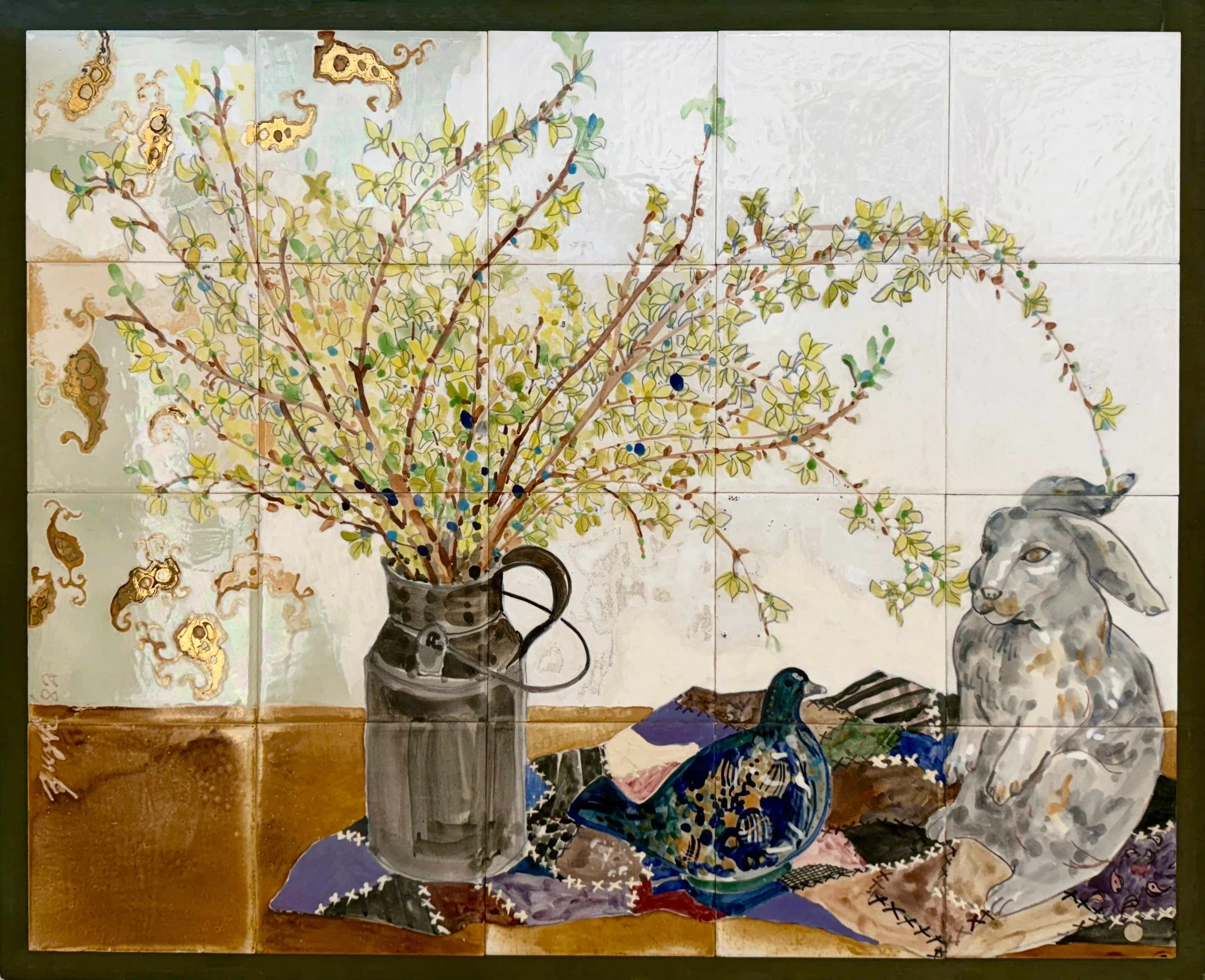 Suzie Zuzek De Poo, Bunny and Forsythia, 24 x 30, 20 Porcelain Tiles on Panel