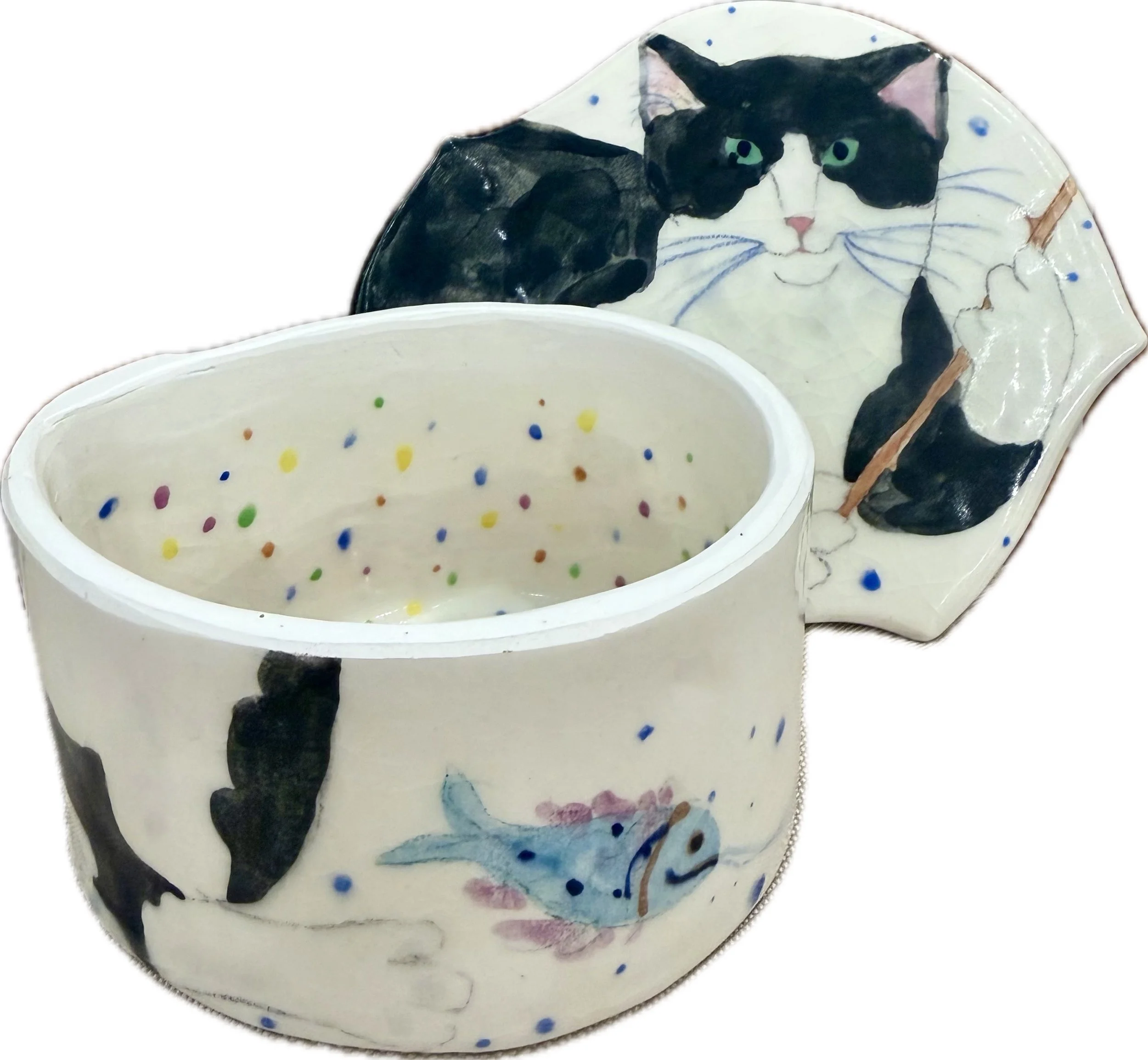 Suzie Zuzek De Poo, Fishing Kitty Box, 3" x 6" x 5.5", Porcelain