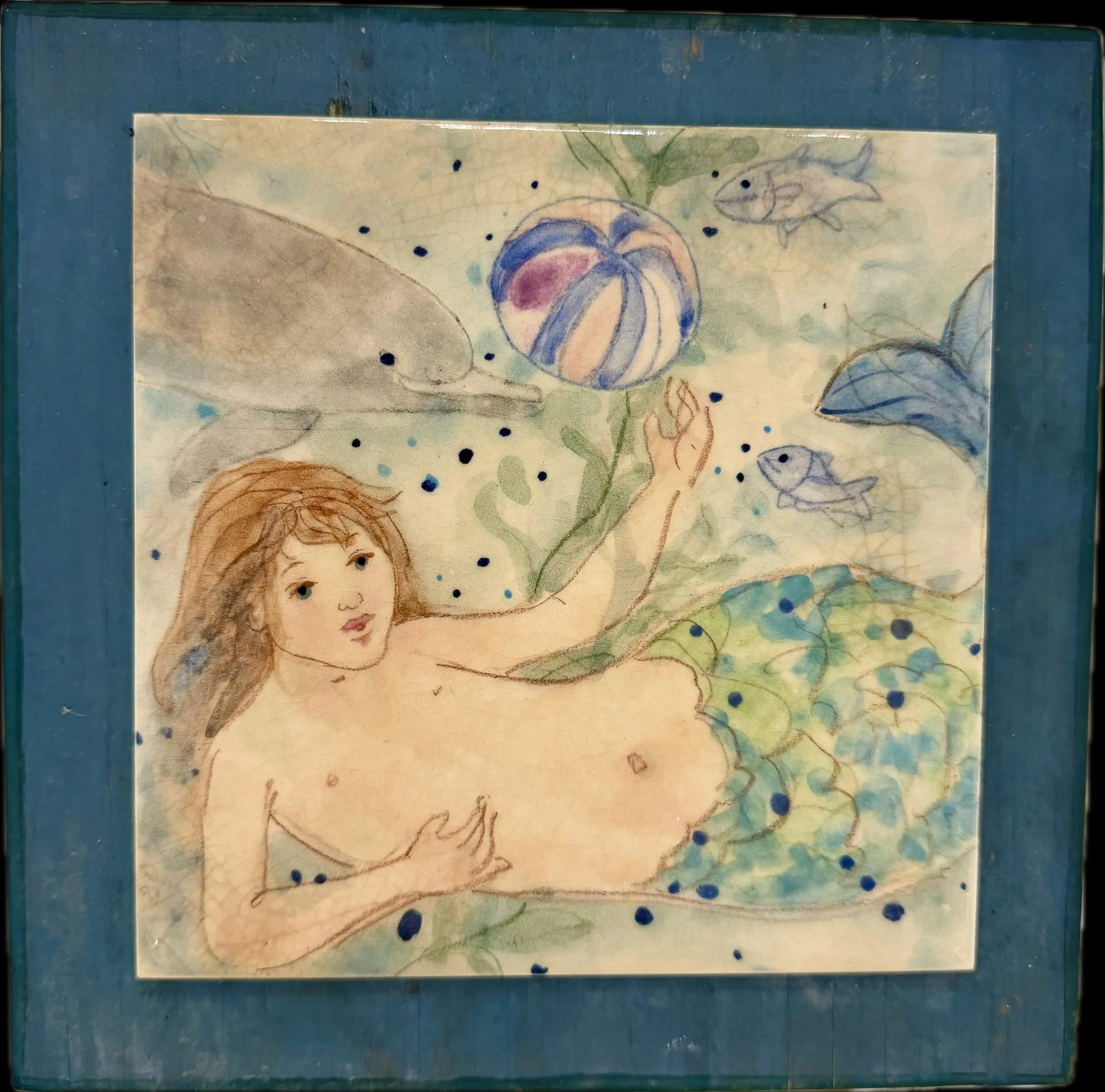 Suzie Zuzek De Poo, Mermaid & Dolphin with Beach Ball, 6" x 6", Handmade Porcelain Tile on Wood Panel