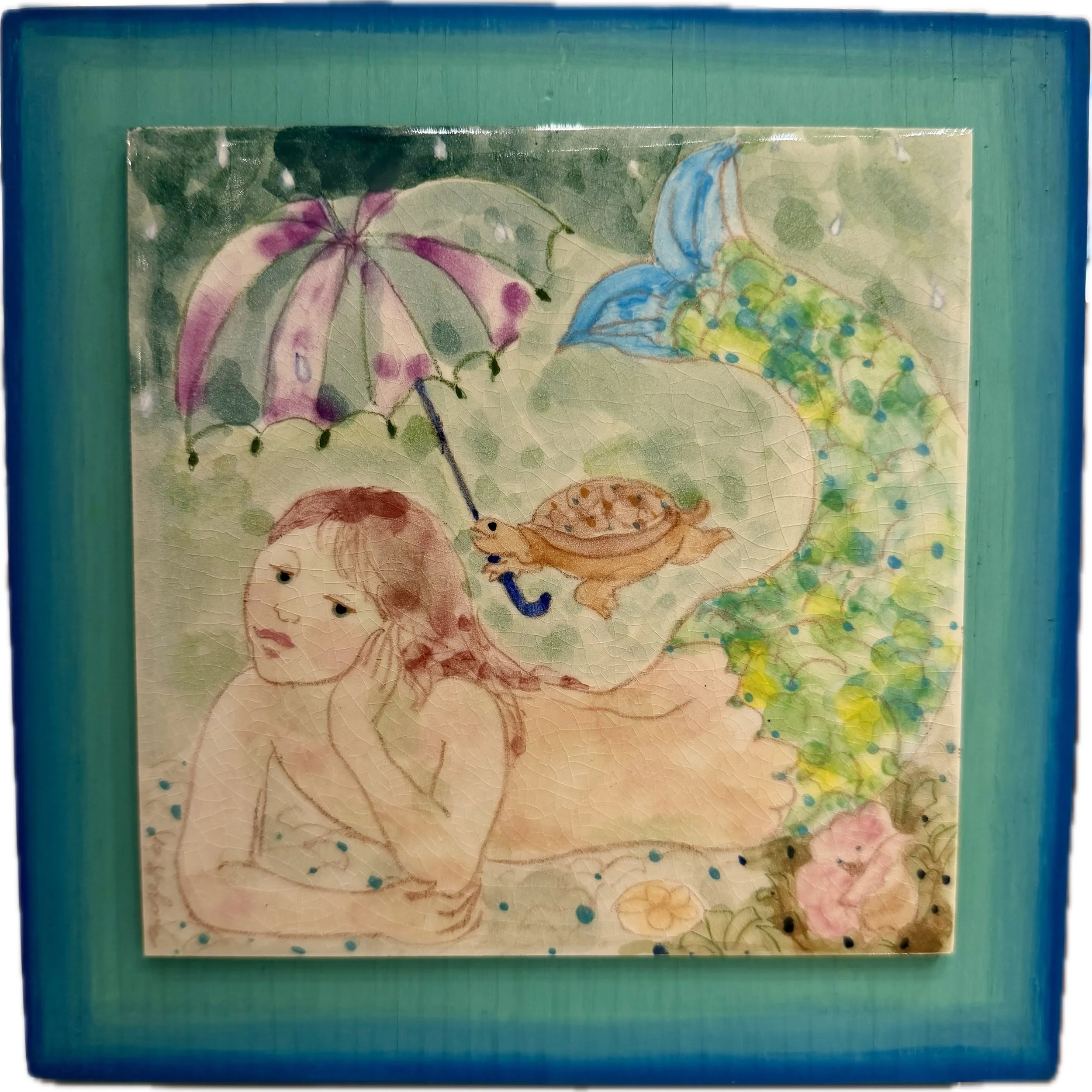 Suzie Zuzek De Poo, Daydreaming Mermaid with Turtle & Umbrella, 6" x 6", Handmade Porcelain Tile on Wood Panel