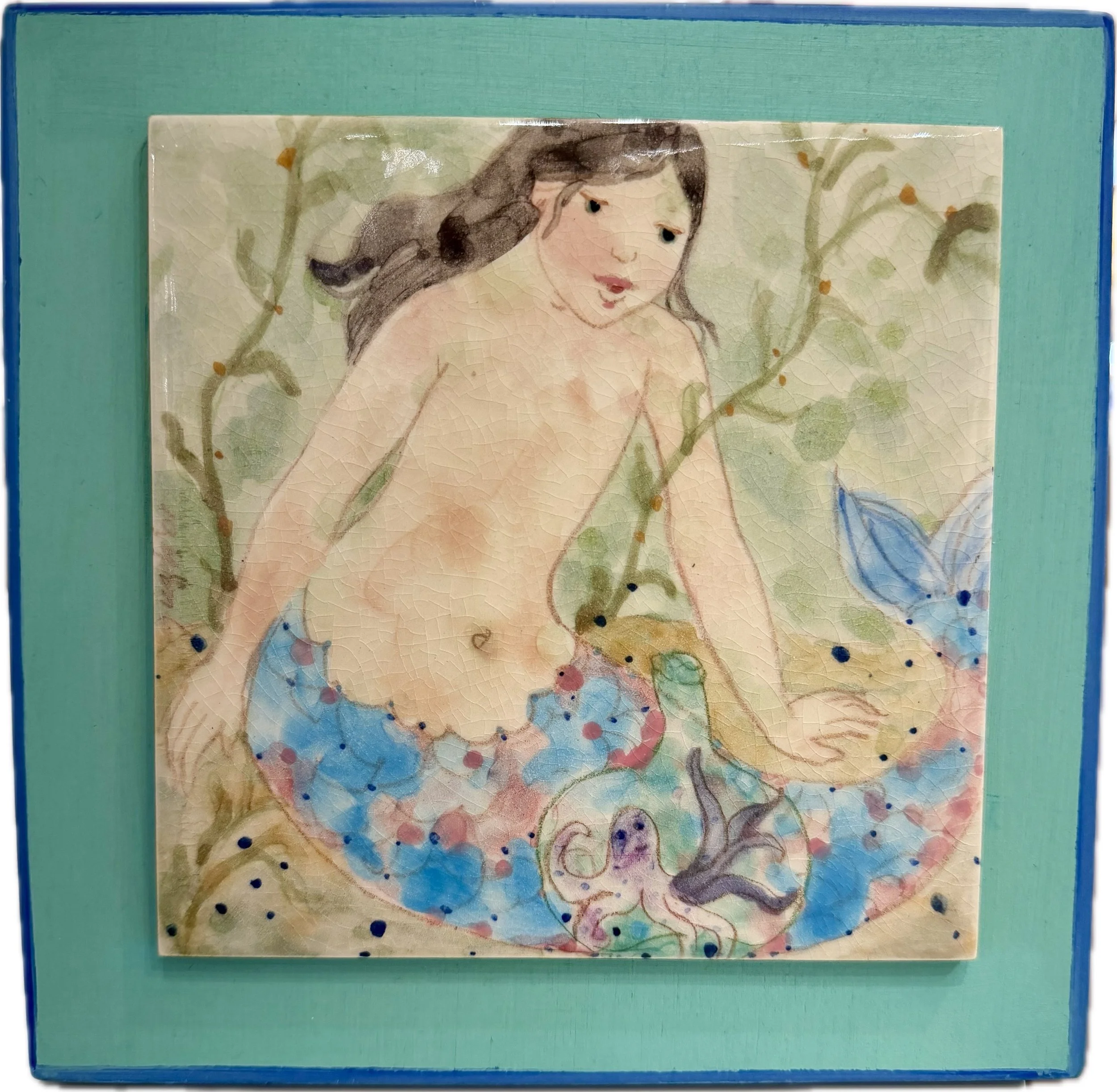 Suzie Zuzek De Poo, Mermaid with Octopus Companion, 6" x 6", Handmade Porcelain Tile on Wood Panel