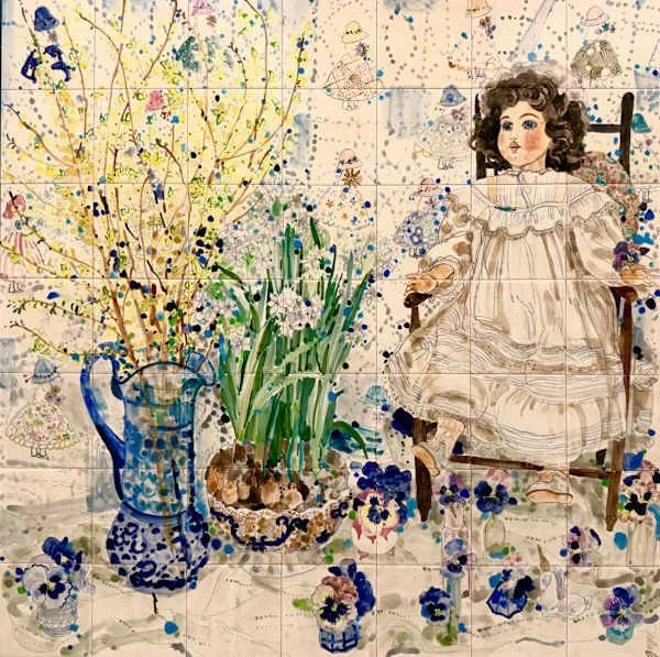 Suzie De Poo,  Doll with Pansies, Porcelain Tile On Wood Board, 42" x 42"