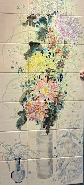 Suzie De Poo, Floral with Bunny, Porcelain on Wood Panel, 42" x 18"