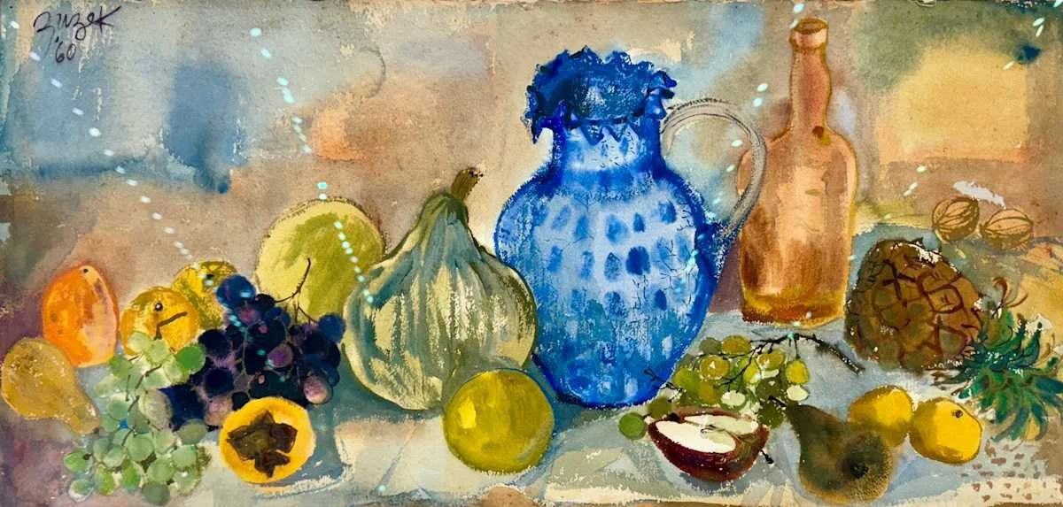 Still Life Blue Jar, Watercolor on Paper, 15" x 30"