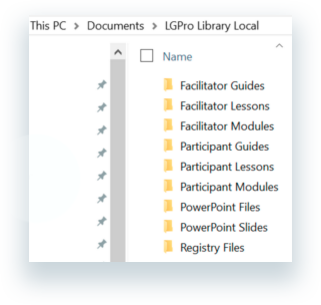 The folders contained within the LGPro Library Local