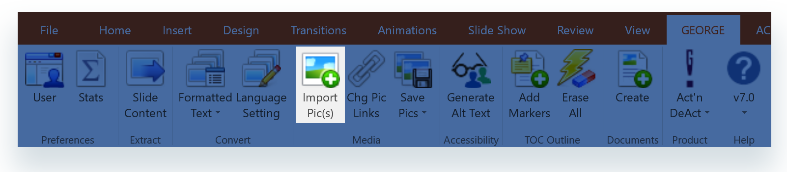 Import Pics button on george! ribbon in PowerPoint