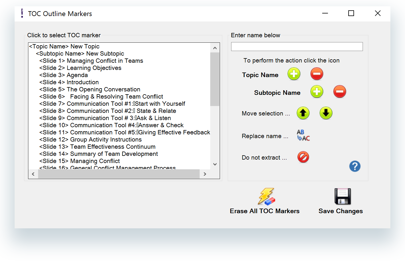 Example of Add TOC Markers dialog box