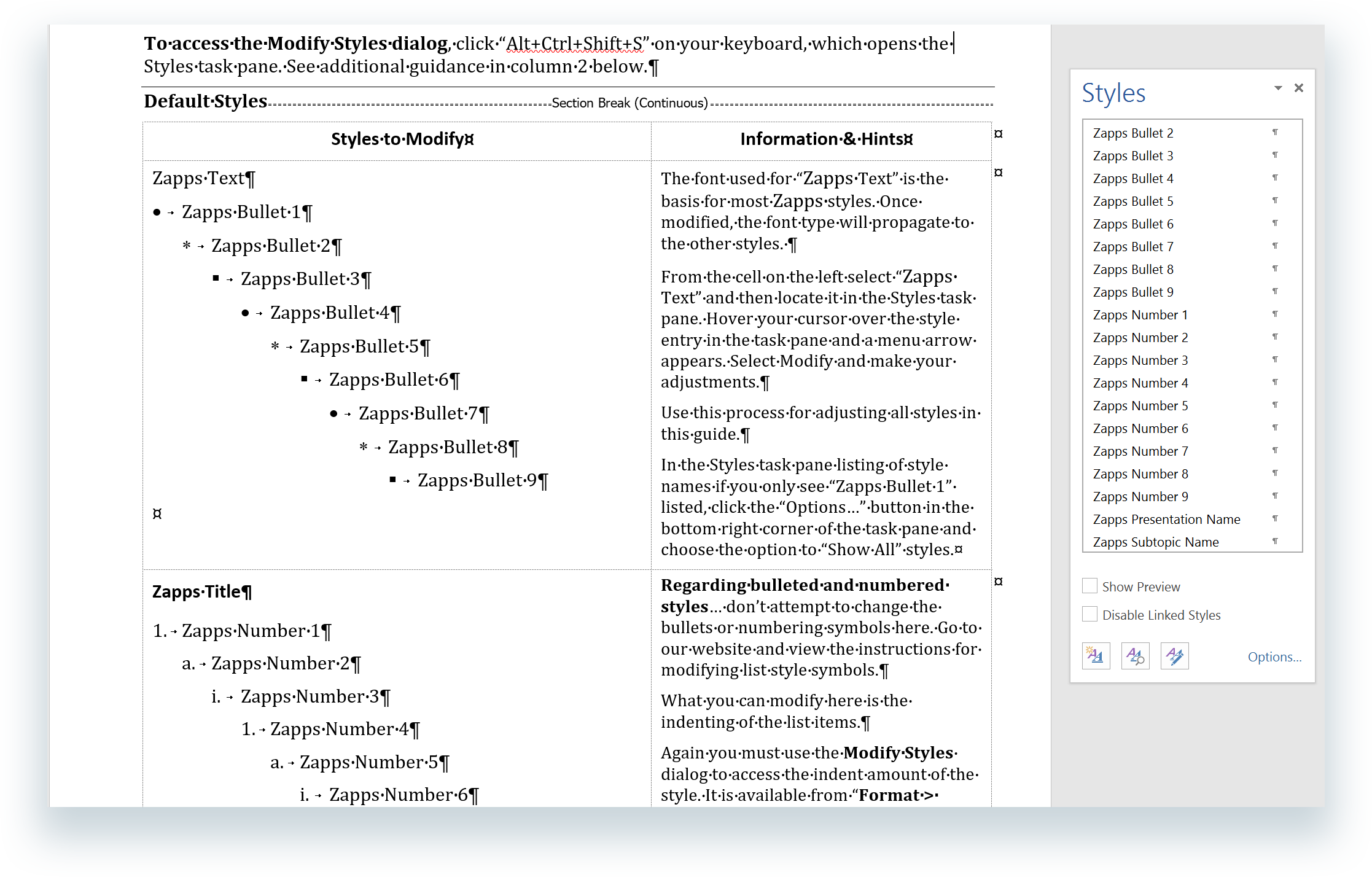 Example of the george! Style Guide and Word's Modify Style dialog box.