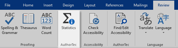 AuthorTec Statistics button on Review Tab Ribbon in Microsoft Word