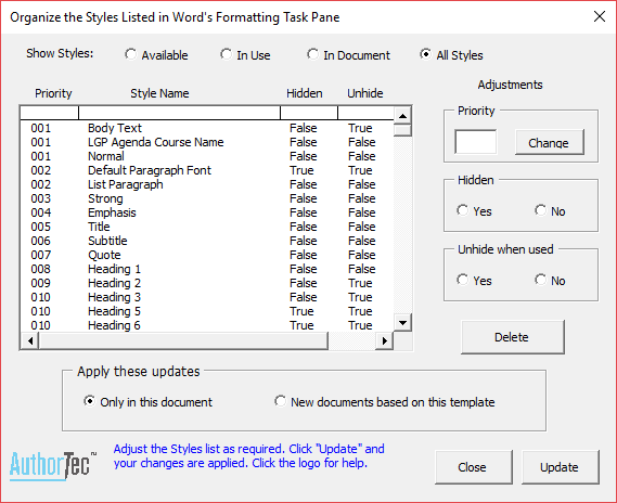 AuthorTec Manage Styles Dialog Box