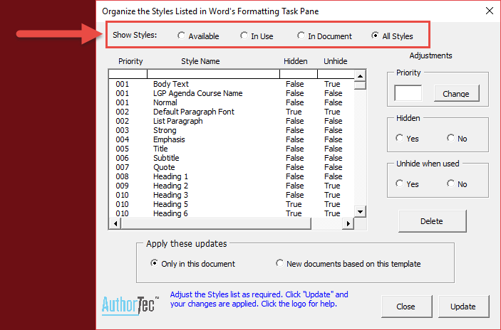 Show Styles Options in AuthorTec Manage Styles Dialog Box in Word