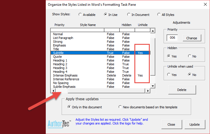 AuthorTec Manage Styles Dialog Show Changes