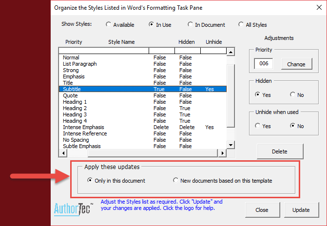 AuthorTec Manage Styles Dialog Apply Changes Options