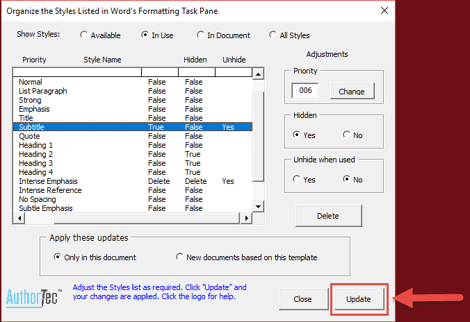 AuthorTec Manage Styles Dialog Update button