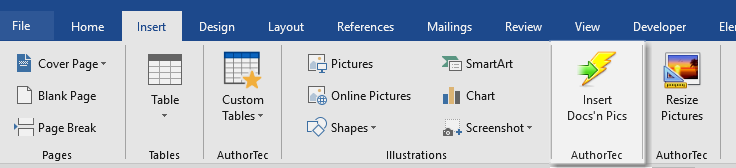 AuthorTec Insert Docs-n-Pics button on the Insert tab ribbon in Word
