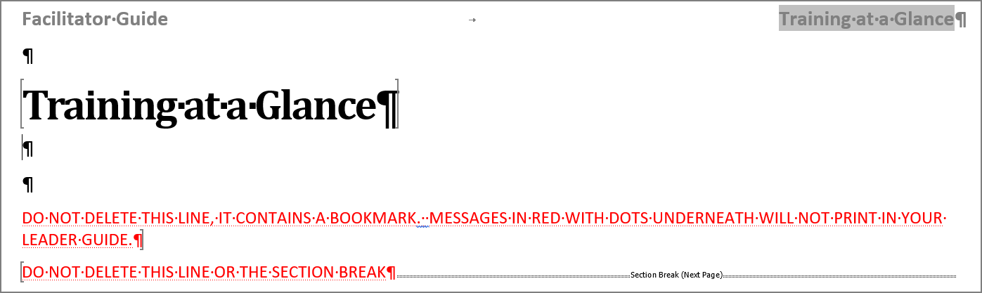 Non-printing red text at the end of the Training at a Glance Page in a LeaderGuide Pro Facilitator Guide