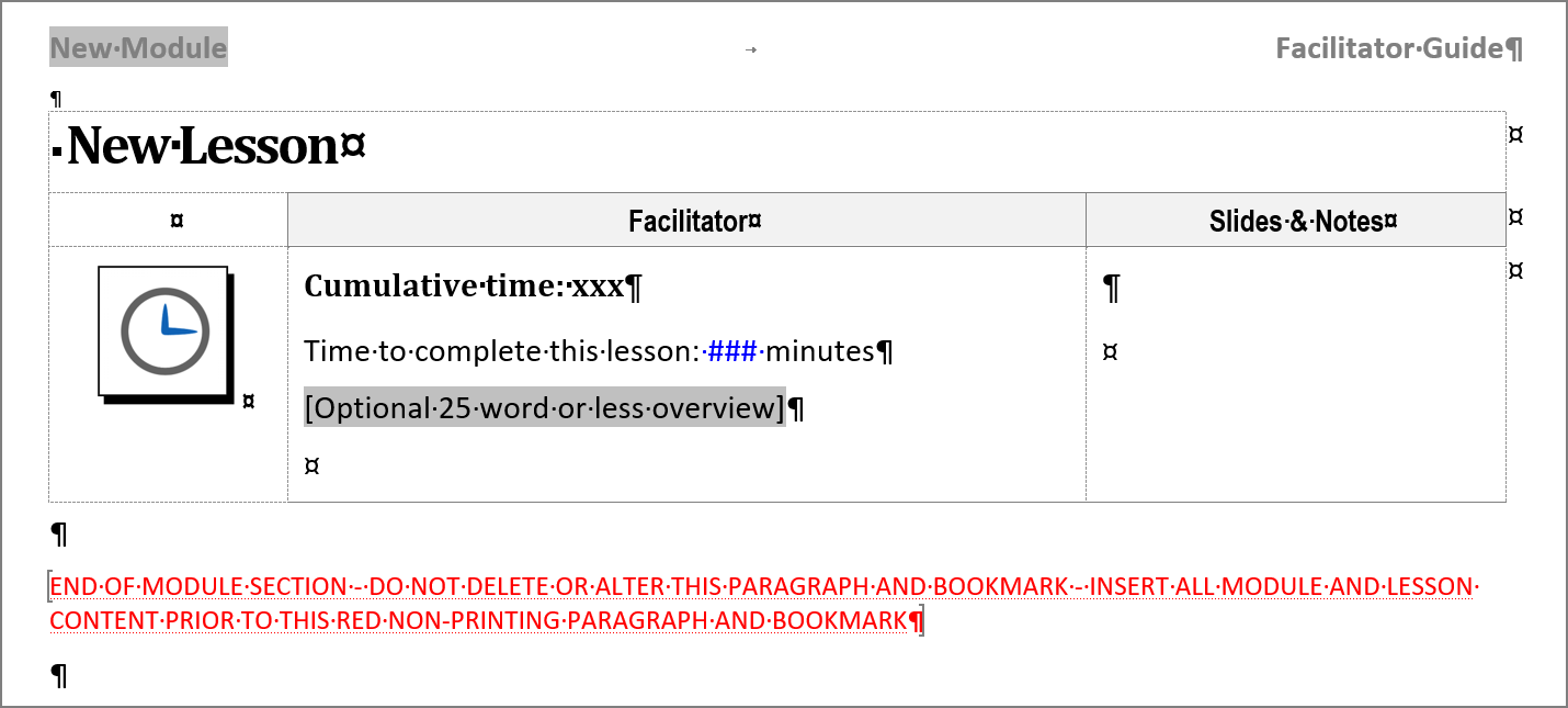Non-printing red text at the end of the Modules and Lessons section of a LeaderGuide Pro Facilitator Guide.