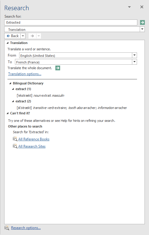 Translation Options Task Pane