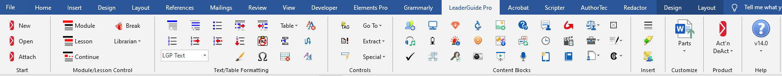 The LeaderGuide Pro v14 Ribbon in Word 2016. Click the the image to see a larger view.