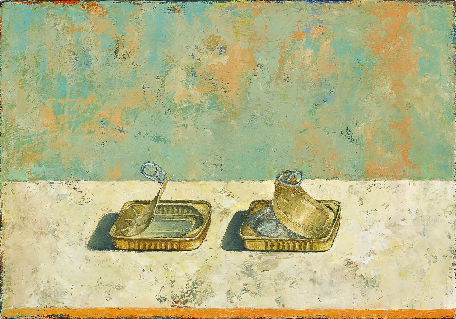   Two Sardine Cans  2007 oil on canvas 14 x 20 inches  Private collection 