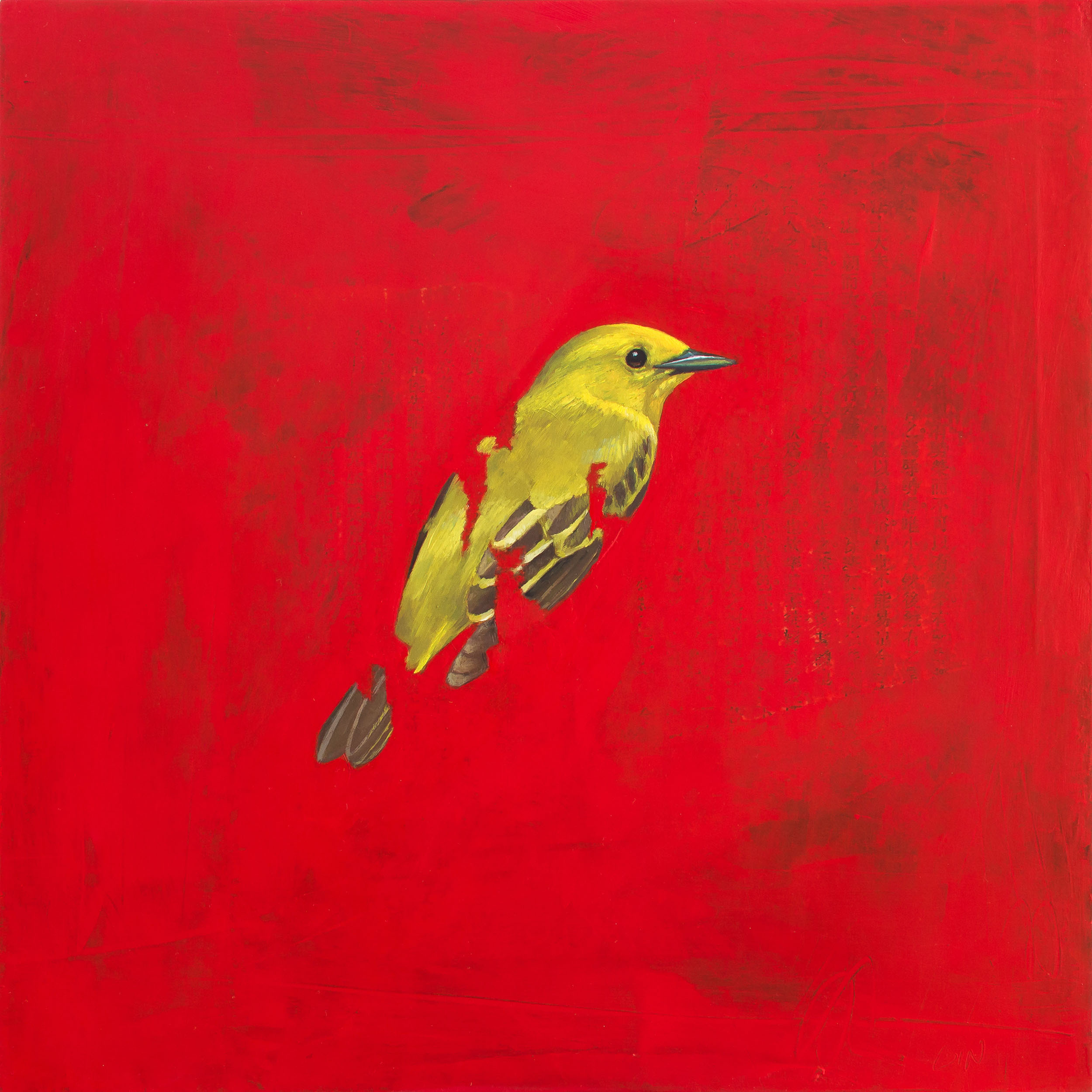   Yellow Warbler  2019 oil and collage on panel 10 x 10 inches  Private Collection 