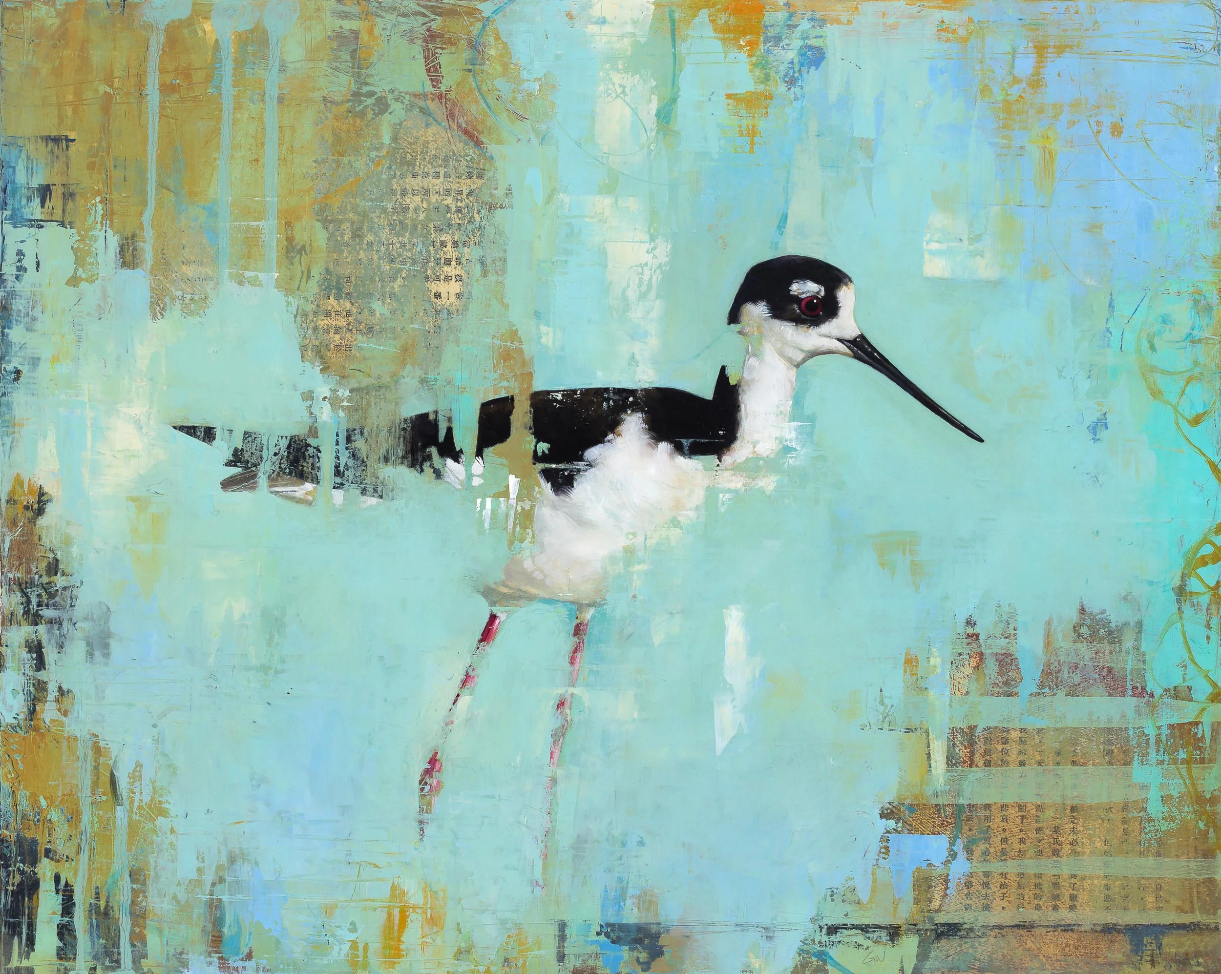 Walk Lightly 2018 oil and collage on panel 16 x 20 inches available at Adam Cave Fine Art