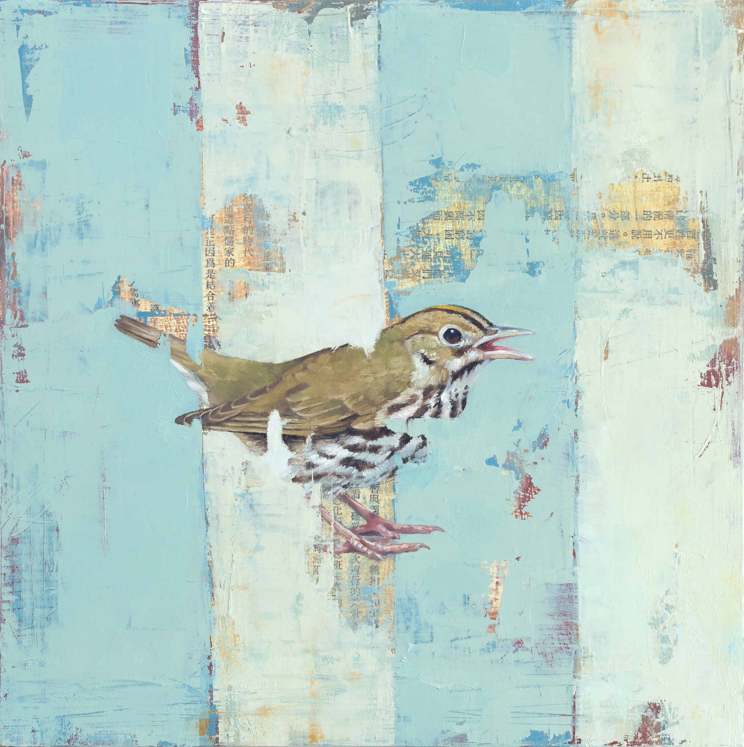   Ovenbird  2019 oil and collage on panel 10 x 10 inches  Private Collection 