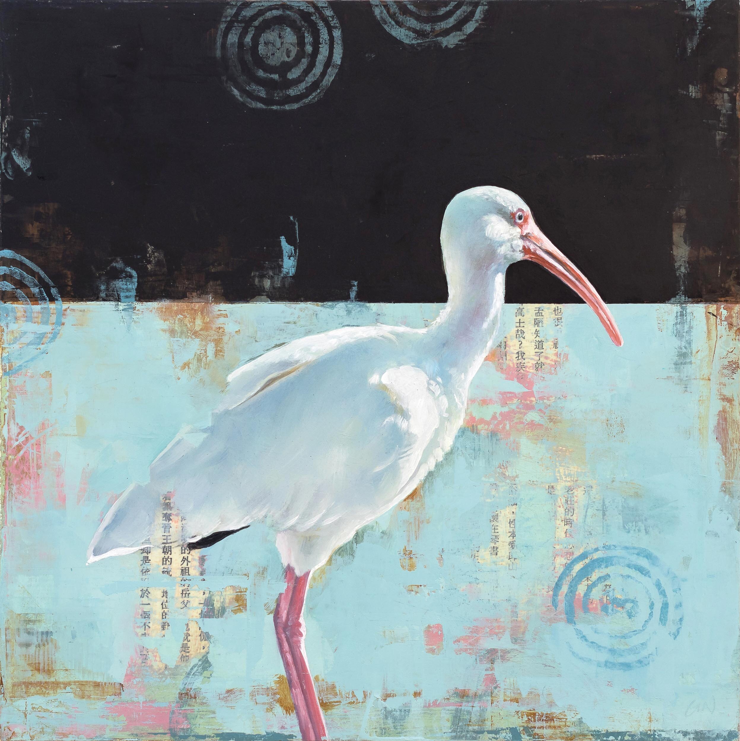   White Ibis  2019 oil and collage on panel 10 x 10 inches  Private Collection 
