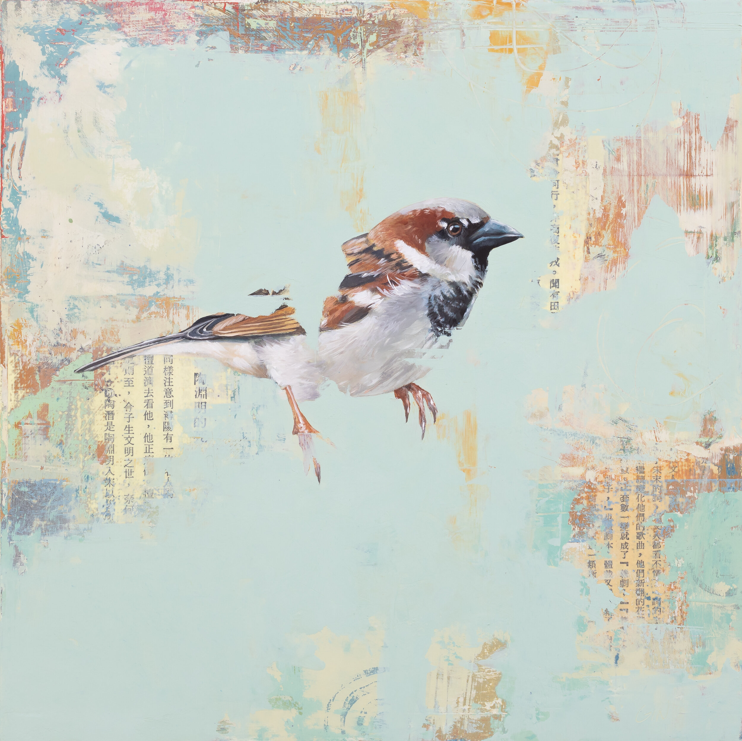     Sparrow Interlude  2021 oil and collage on panel 10 x 10 inches  Private Collection 