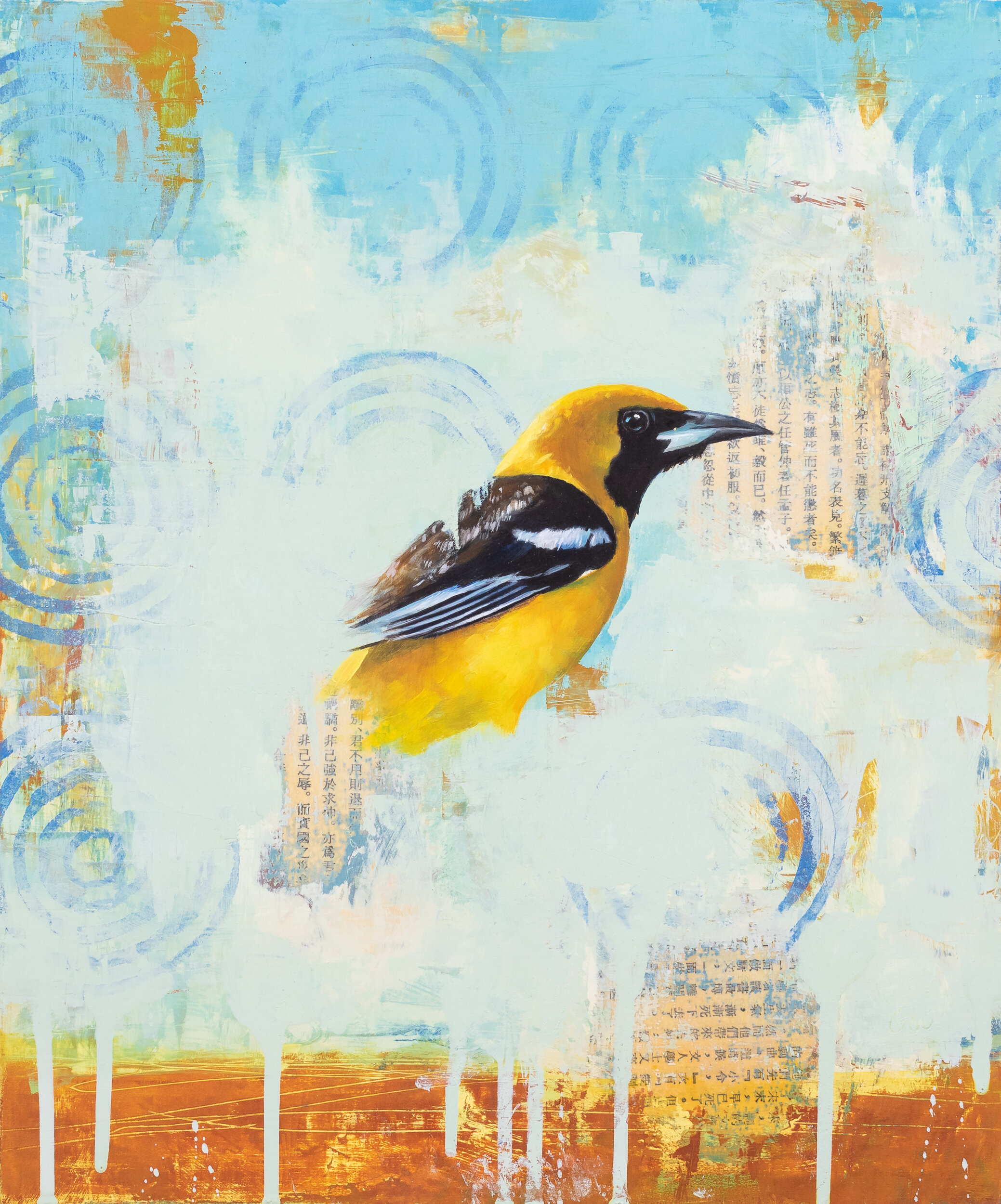   Oriole Daydreams  2021 oil and collage on panel 12 x 10 inches    