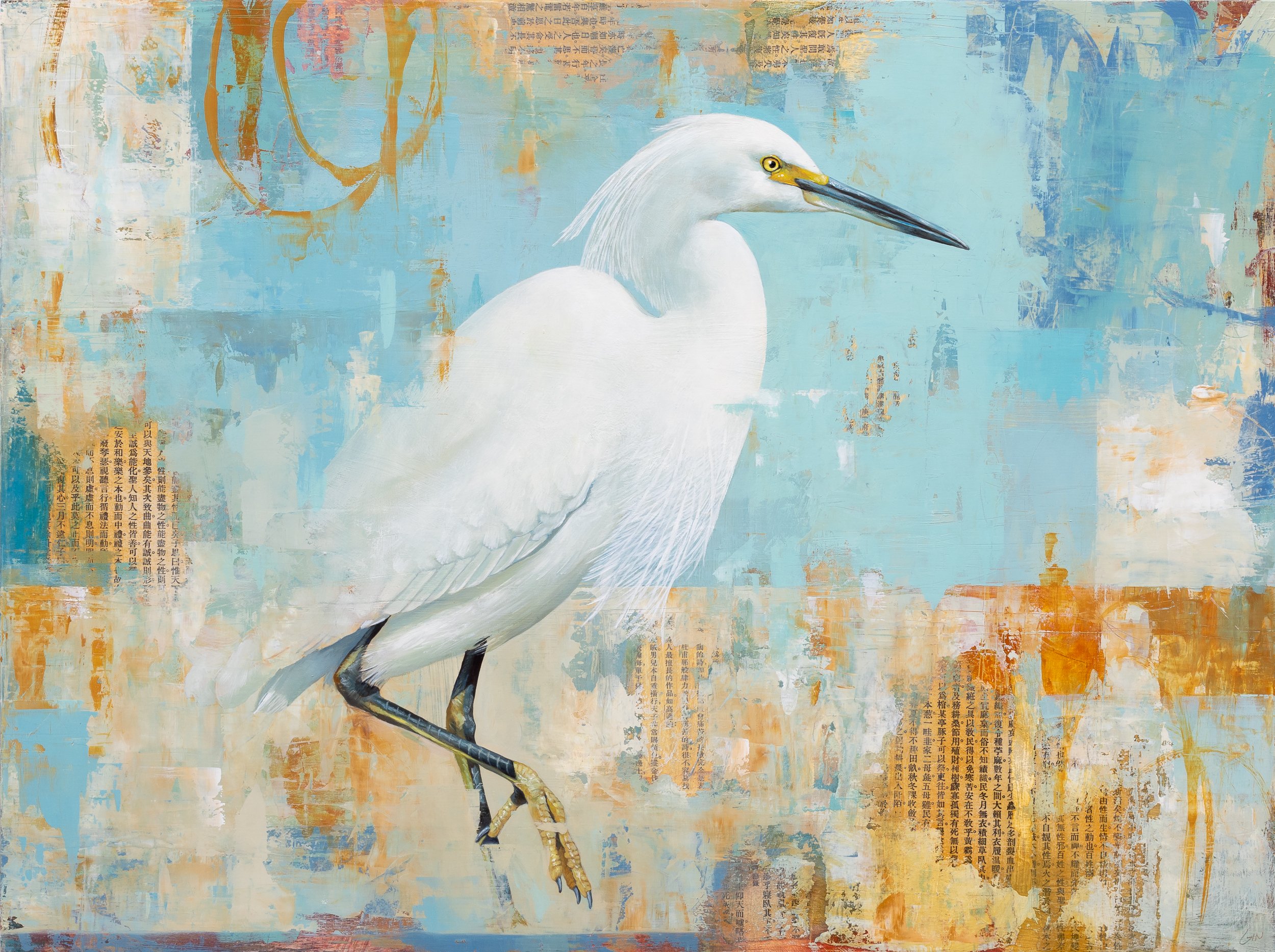   Egret Crossing  2022 oil and collage on panel 18 x 24 inches  Private Collection 