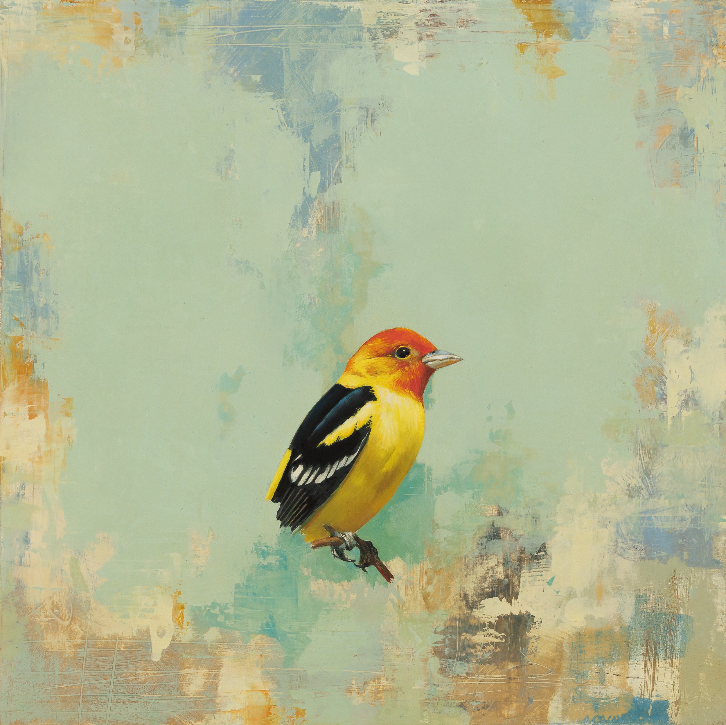 Stillness (Western Tanager) 2025 oil on panel 12 × 12 inches Available in Studio