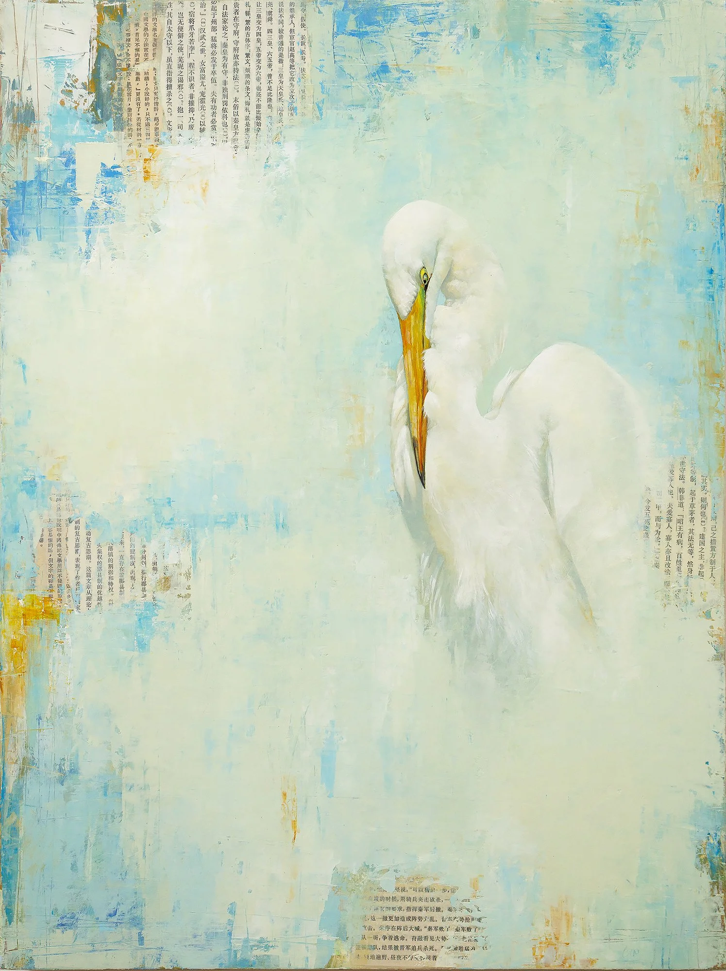   Quiet Reflection  2026 oil and collage on panel 24 × 18 inches  available at  The Haen Gallery  