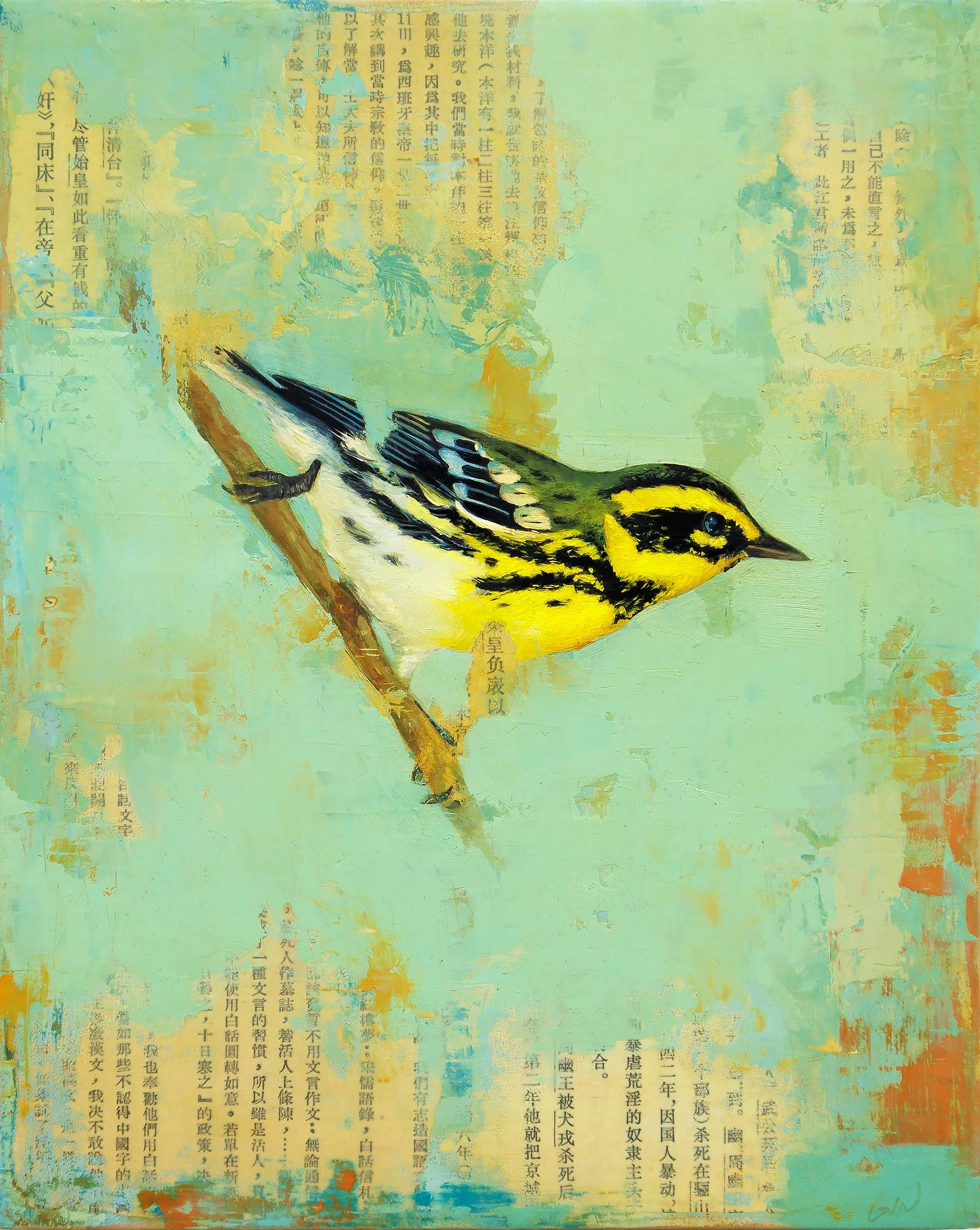   Spring Visit (Townsend’s Warbler)  2026 oil and collage on panel 10 × 8 inches   Sold 