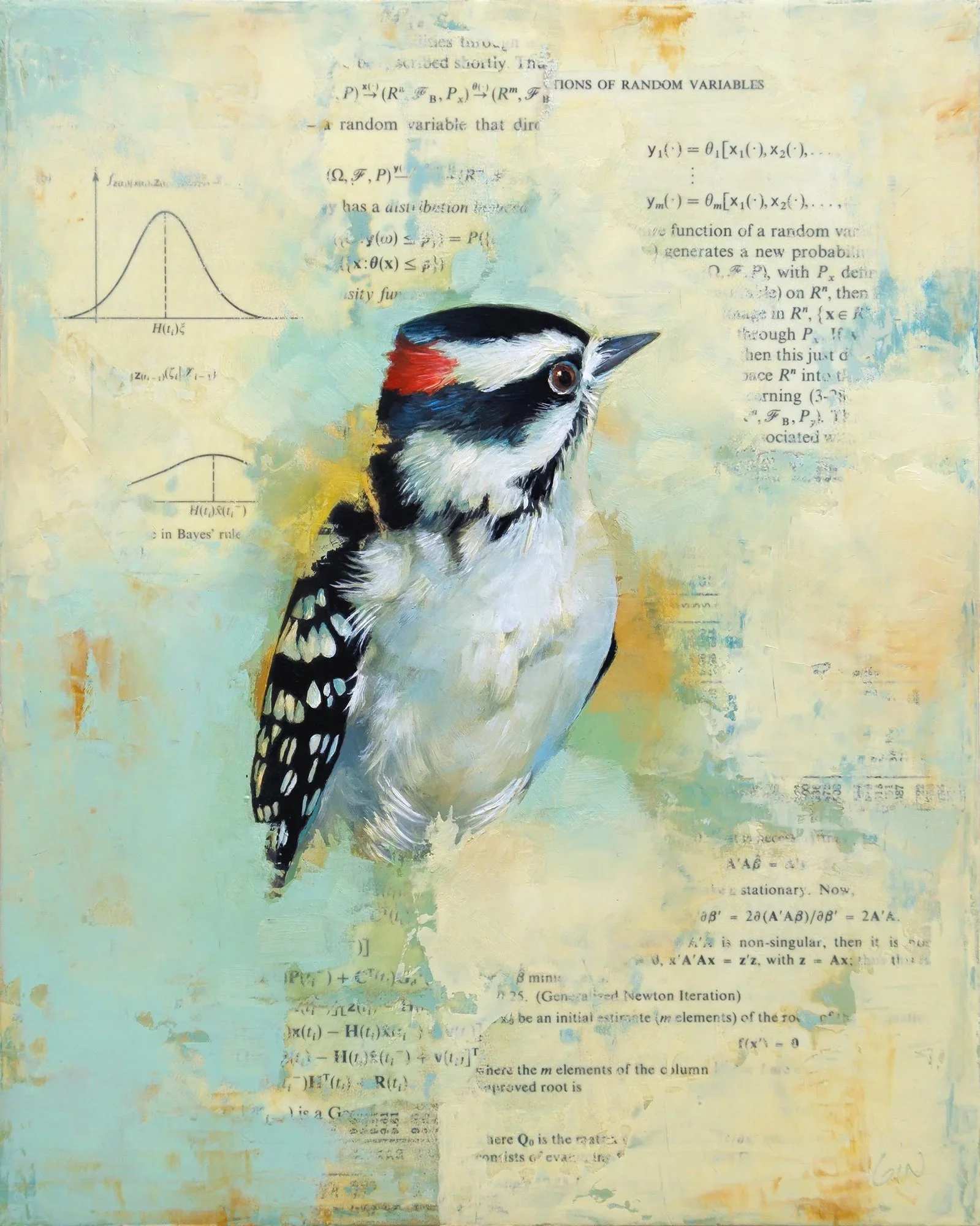   Random Variables (Downy Woodpecker)  2026 oil and collage on panel 10 × 8 inches  Sold 
