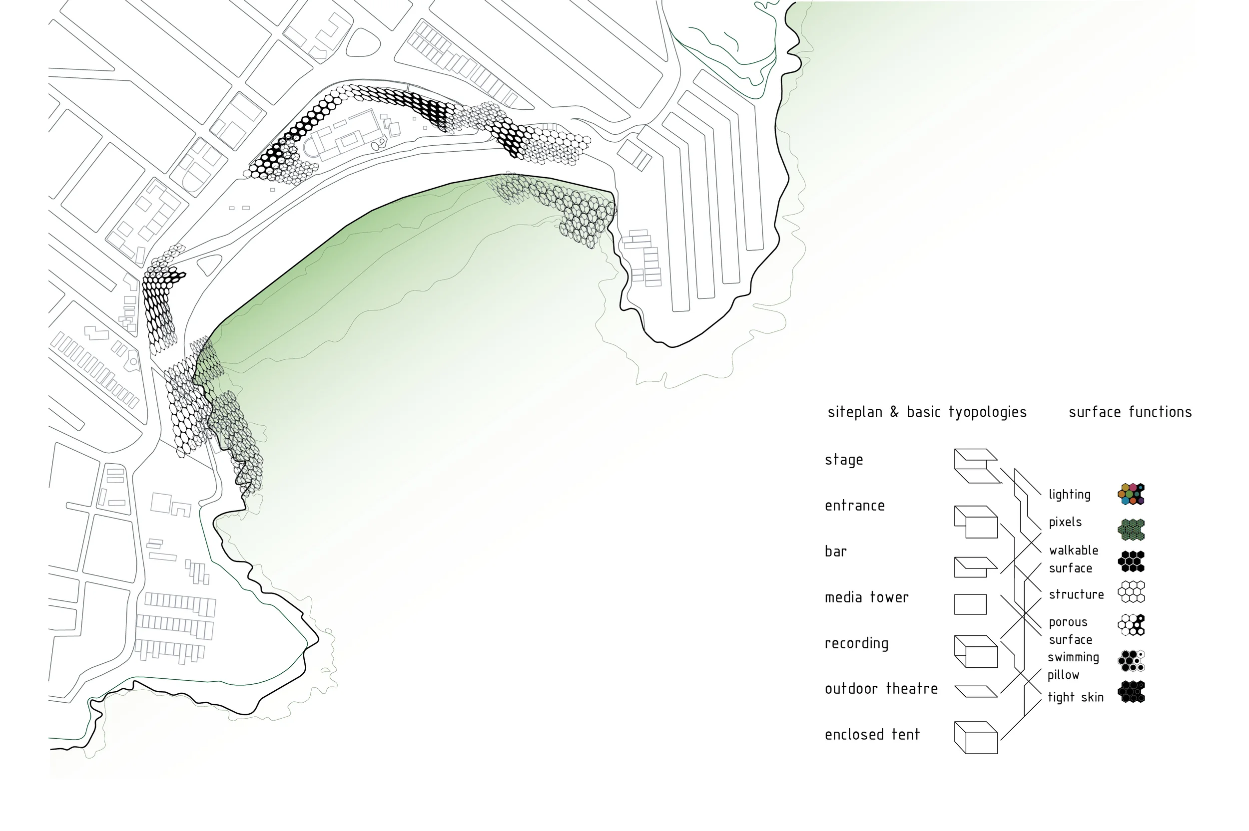  Site plan and basic typologies &amp; surface functions          