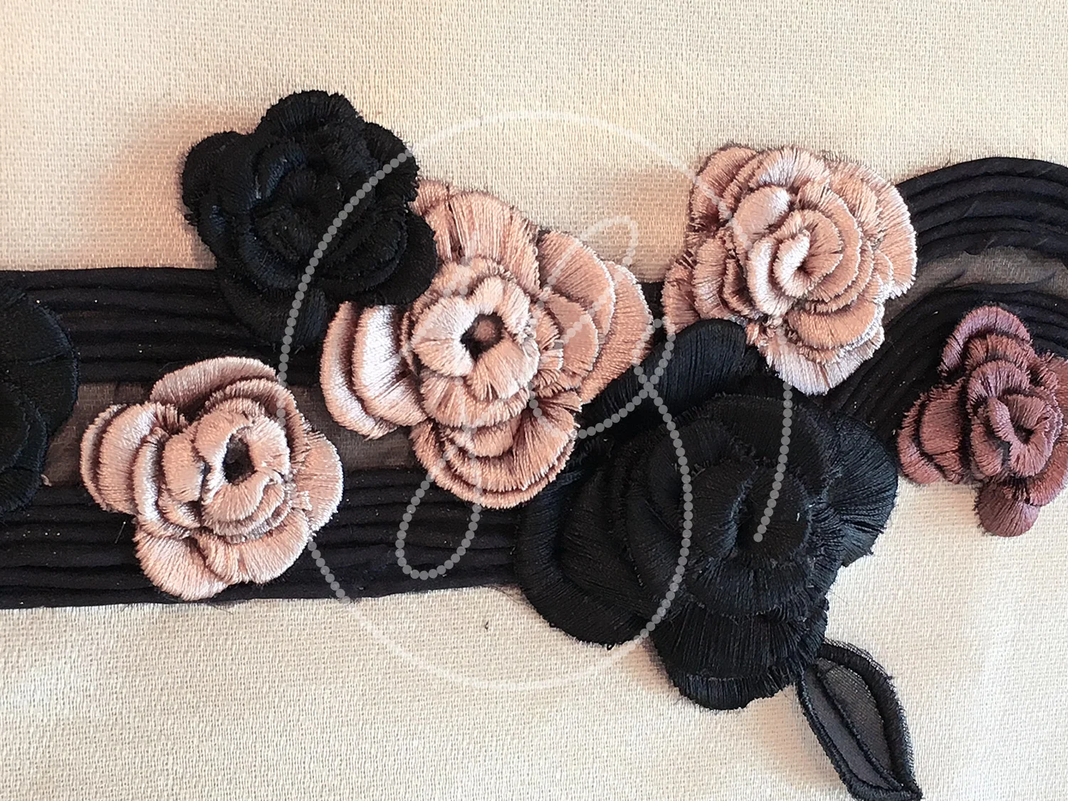 CAMELLIAS WITH CORDING Fabric corded, manipulated and embellished with 3D camellias.
