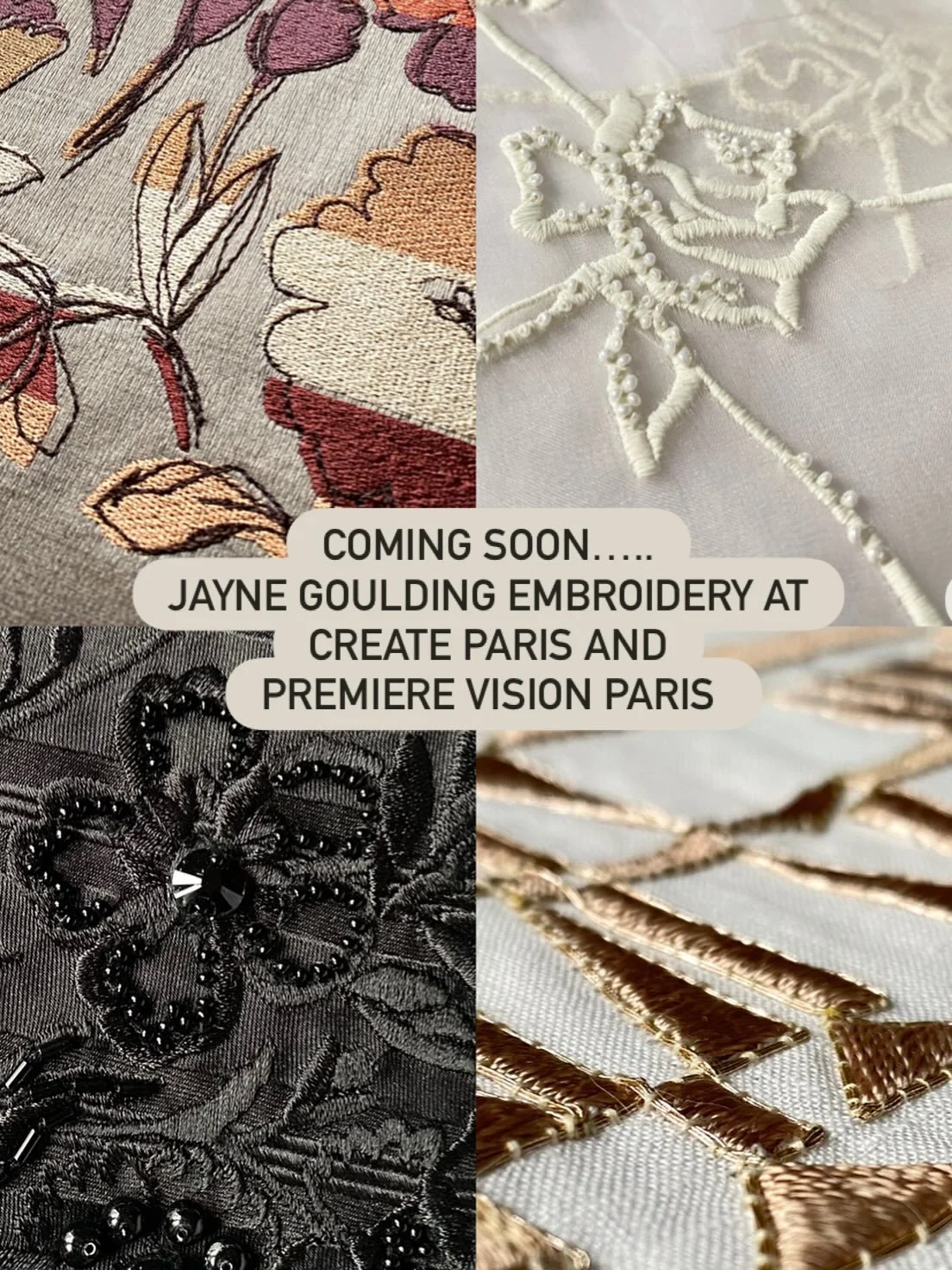 I&rsquo;m thrilled 🤩 to be heading to Paris next week to exhibit @jayne_goulding_design embroideries:

@create_designers 14-15 September 

and

@wearepremierevision  16-18 September 
 
CREATE is a new show for me. It&rsquo;s a two day event. 
I&rsqu