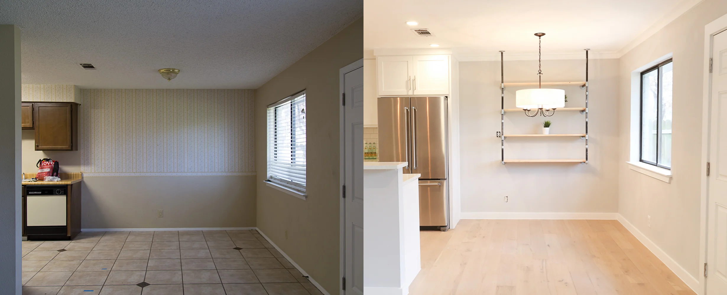 Ever since the beginning of this renovation process, I knew that I wanted open shelving on this wall. I have some great pieces of my mom and dad's china and wanted for it to be on display! I am so thrilled at how it turned out. This may be my most "Joanna Gaines" moment of my whole house. This space will also hold my family's dining table that we sat around when we were younger. This piece is so special to me in so many ways. The art of having dinner together as a family seems to have lost it's style, but man am I glad that my entire family sat around this table every night without any technology. I hope to continue this tradition on. 