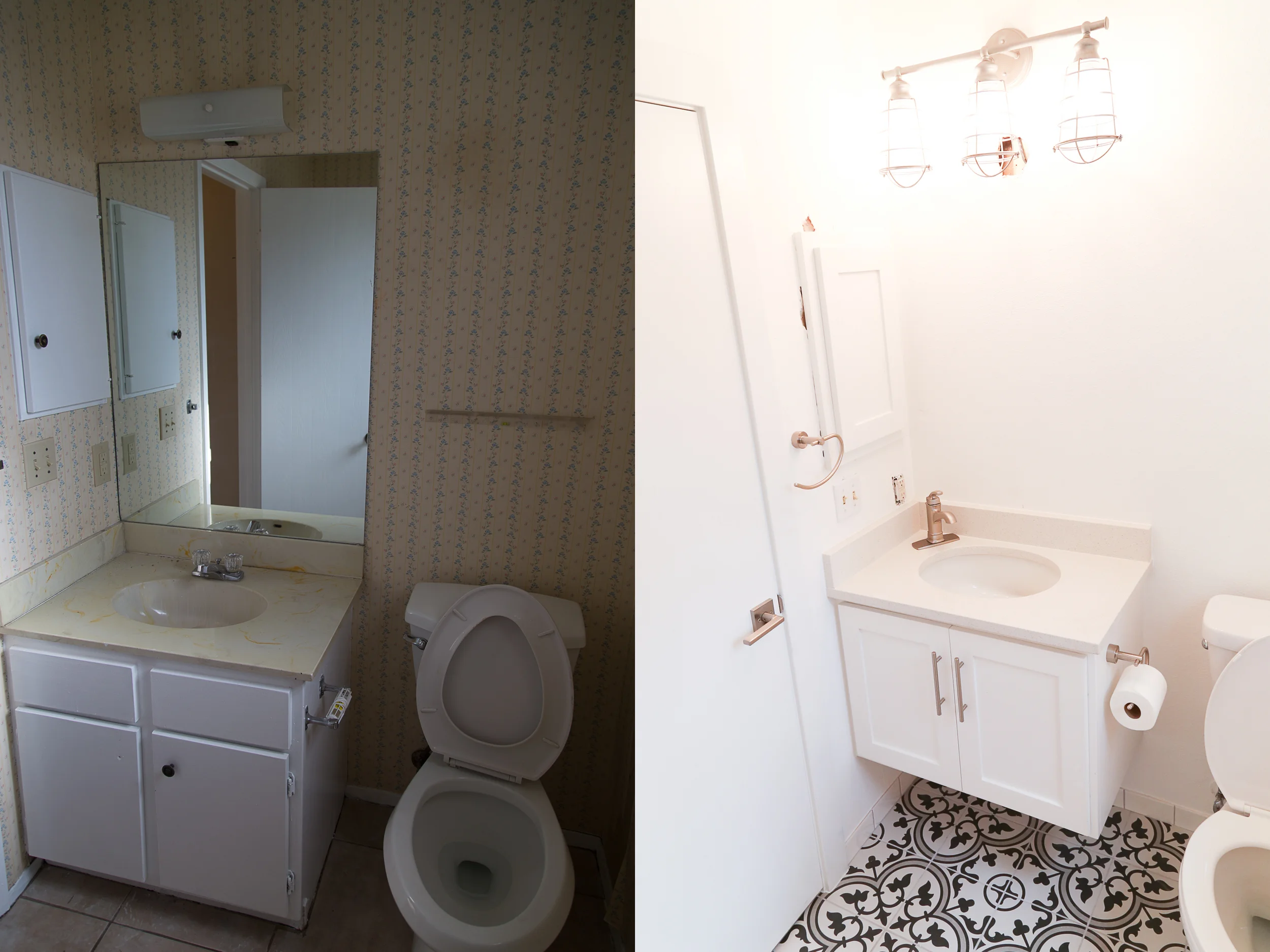 Since this space is pretty tight, we added a floating vanity and I really love it. 1) It's easier to clean underneath. 2) It's appealing to the eye and 3) I love our faucet in the corner. It actually happened by accident (you guys, they don't make small sinks these days!) but i love it! 