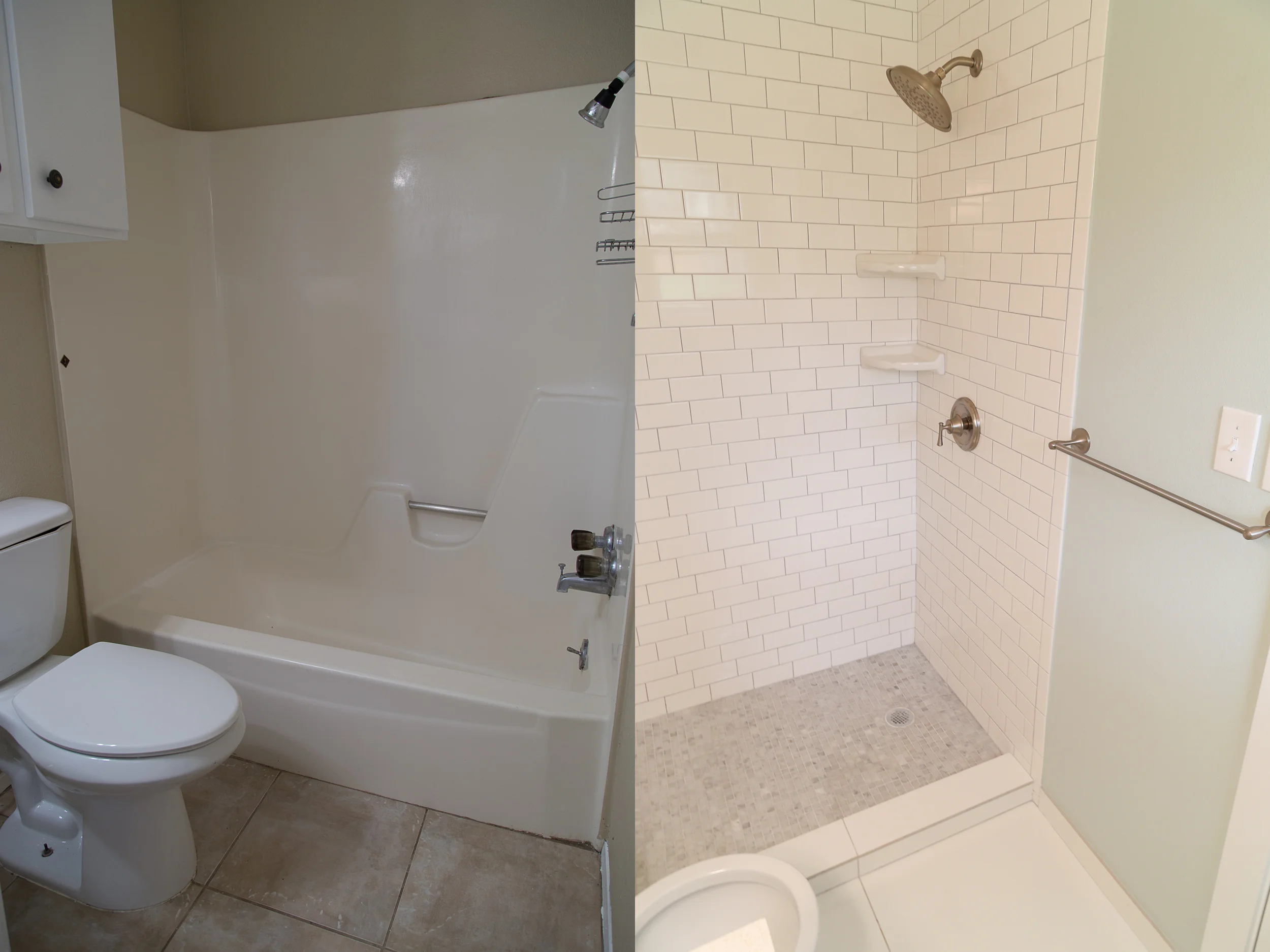 This is our master bathroom transformation. We took out the tub/shower and made a stand-up shower. The glass is coming in for the seamless glass door and I'm so excited! We did white subway tile for the wall, Carrera marble squares for the flooring, and a solid white tile for the bathroom floor. My favorite part of this bathroom (besides the marble) is definitely this paint color. In the daytime it is the perfect shade! 