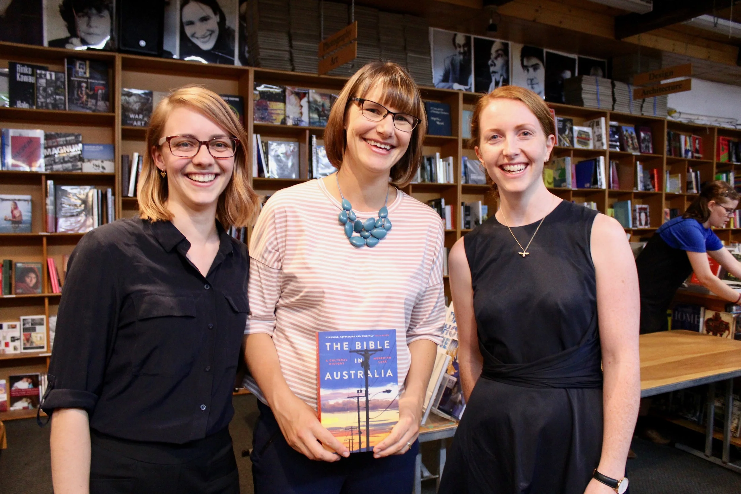From left to right: Dr Annette Pierdziwol, ADM Fellowships Manager, Dr Meredith Lake, Author of 'The Bible in Australia' and ADM 2017 Senior Research Fellow, Dr Kate Harrison Brennan, CEO of ADM at the launch of 'The Bible in Australia' at Gleebooks