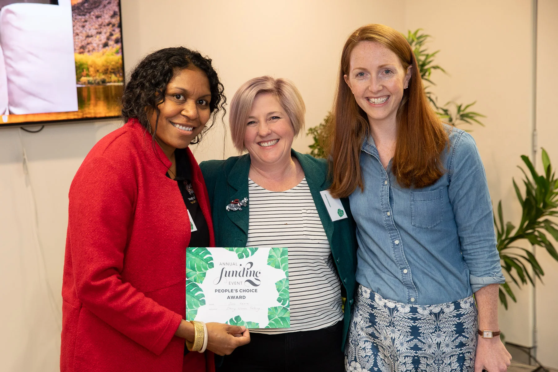 Sono Leone, winner of the People’s Choice Award at ADM’s Annual Funding Event, with ADM chair, Rev. Jenni Stoddart and ADM CEO, Dr Kate Harrison Brennan.